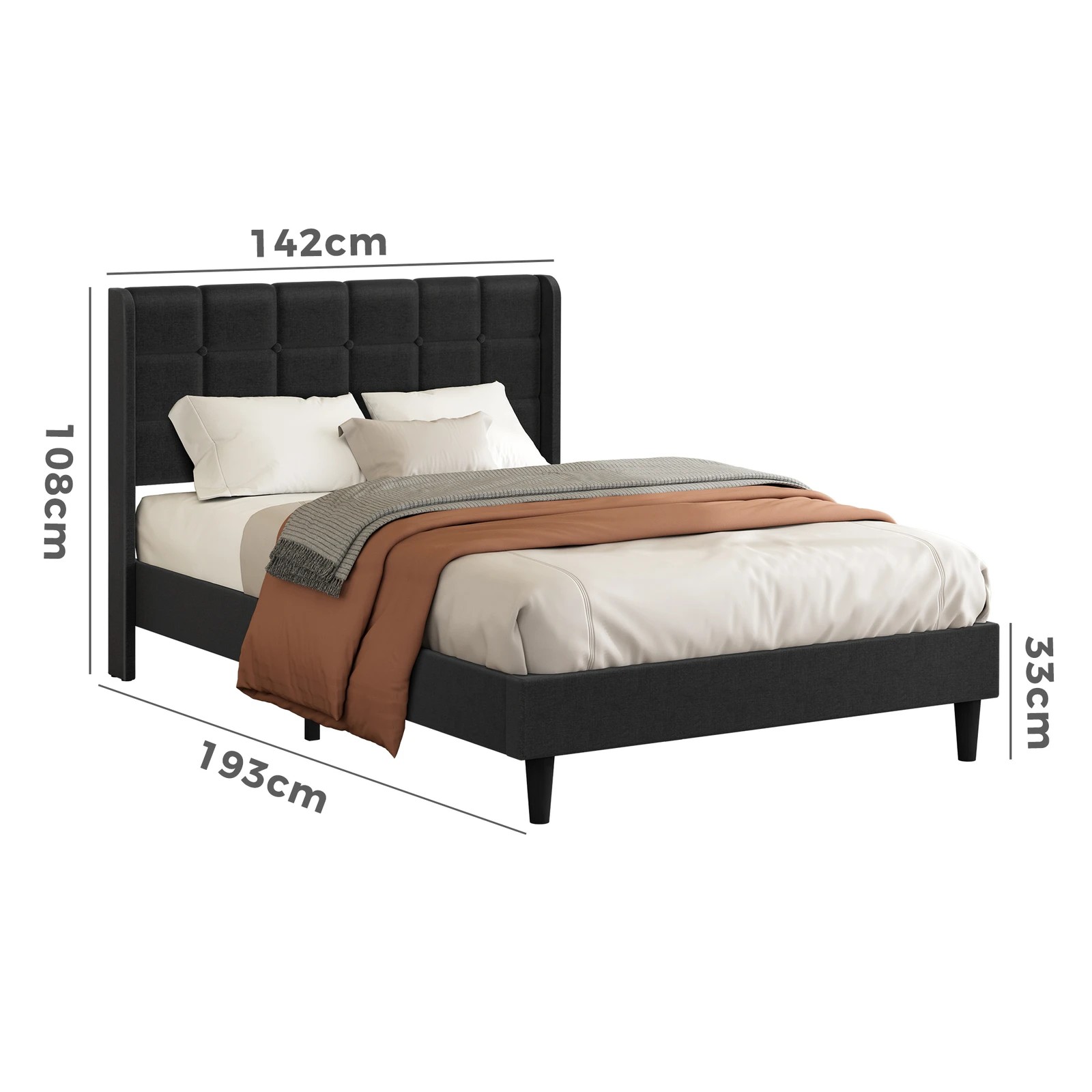 10 Alfordson Bed Frame Double Size Upholstered Wingback Base Fabric Sarah - Black, 10 of 10