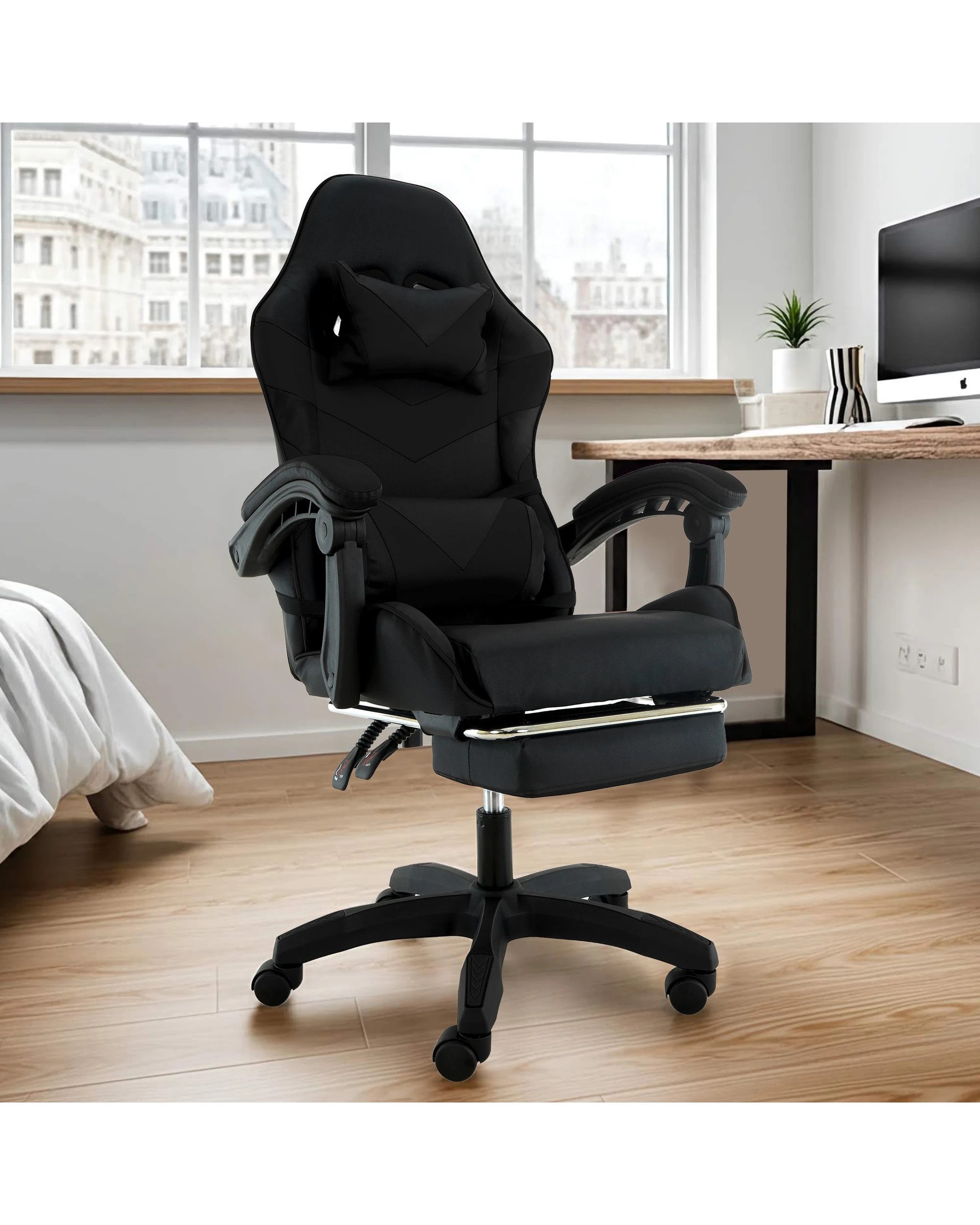 4 Sarantino Cueva Reclining High Back Office Gaming Chair Black Retractable Footrest Computer Seat, 4 of 5