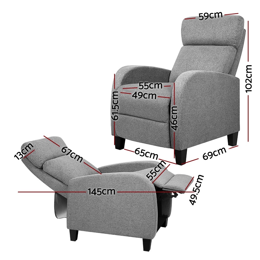 2 Artiss Recliner Chair Sofa Armchair Fabric - Grey, 2 of 7