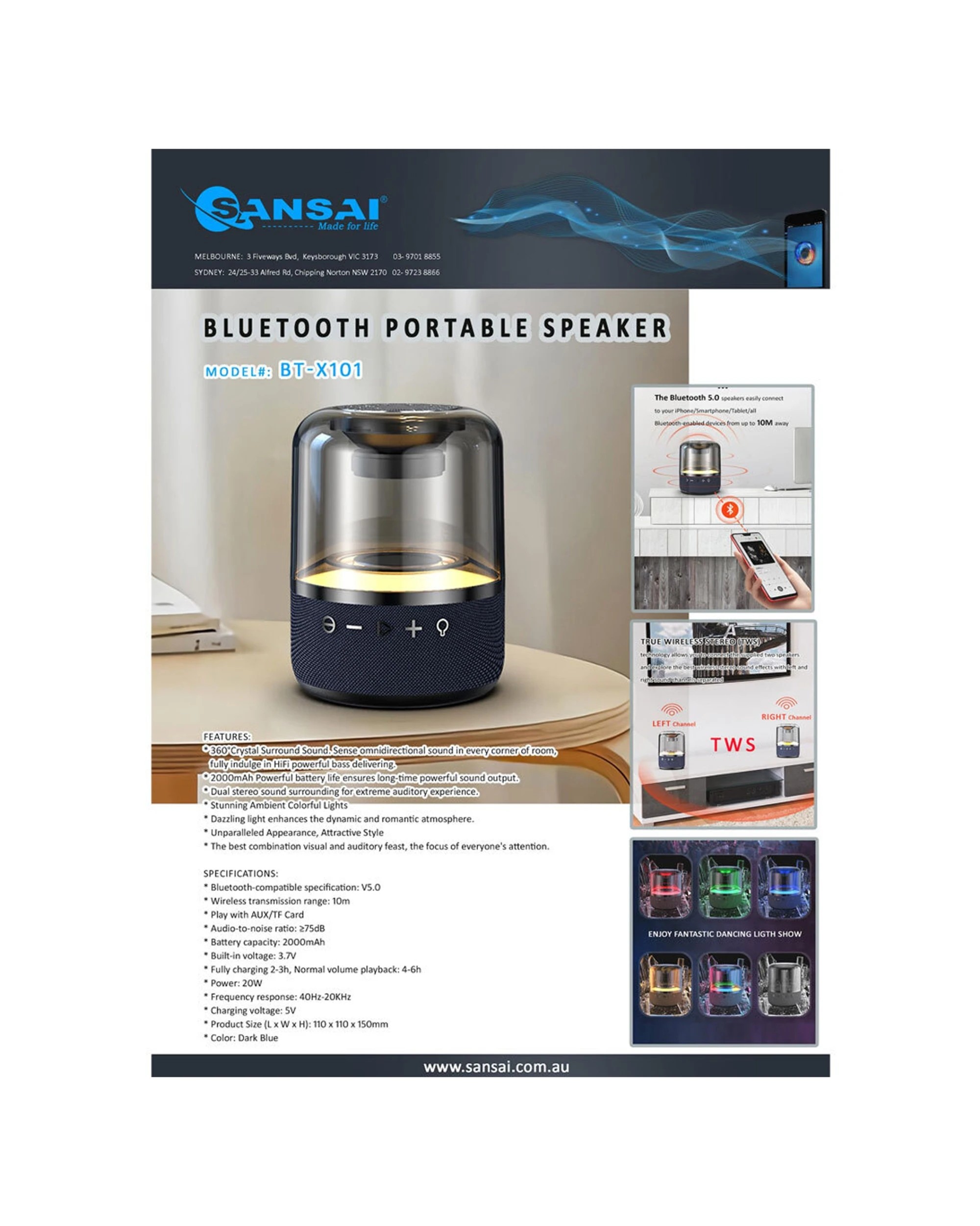 2 Sansai 14.5cm Bluetooth RGB Colourful Wireless Speaker 20W Music Audio - Clear, 2 of 3