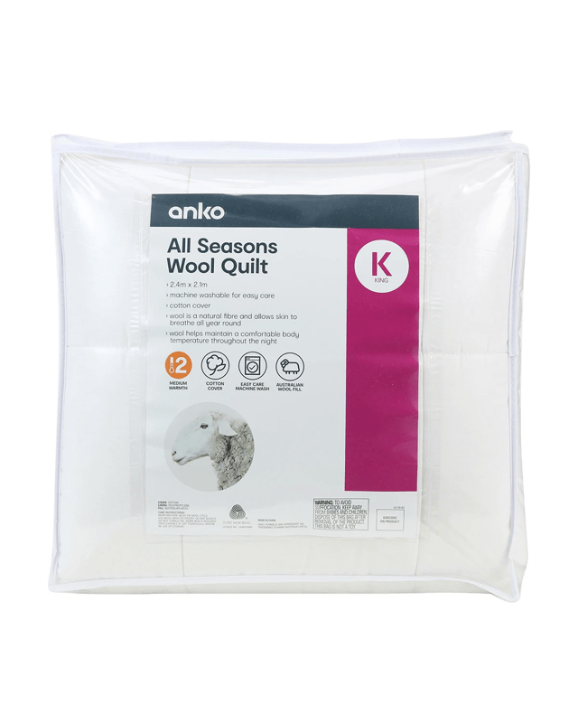 Medium Warmth All Seasons Wool Quilt - King Bed, W