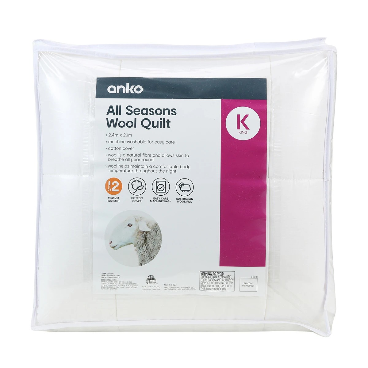 1 Medium Warmth All Seasons Wool Quilt - King Bed, White, 1 of 3