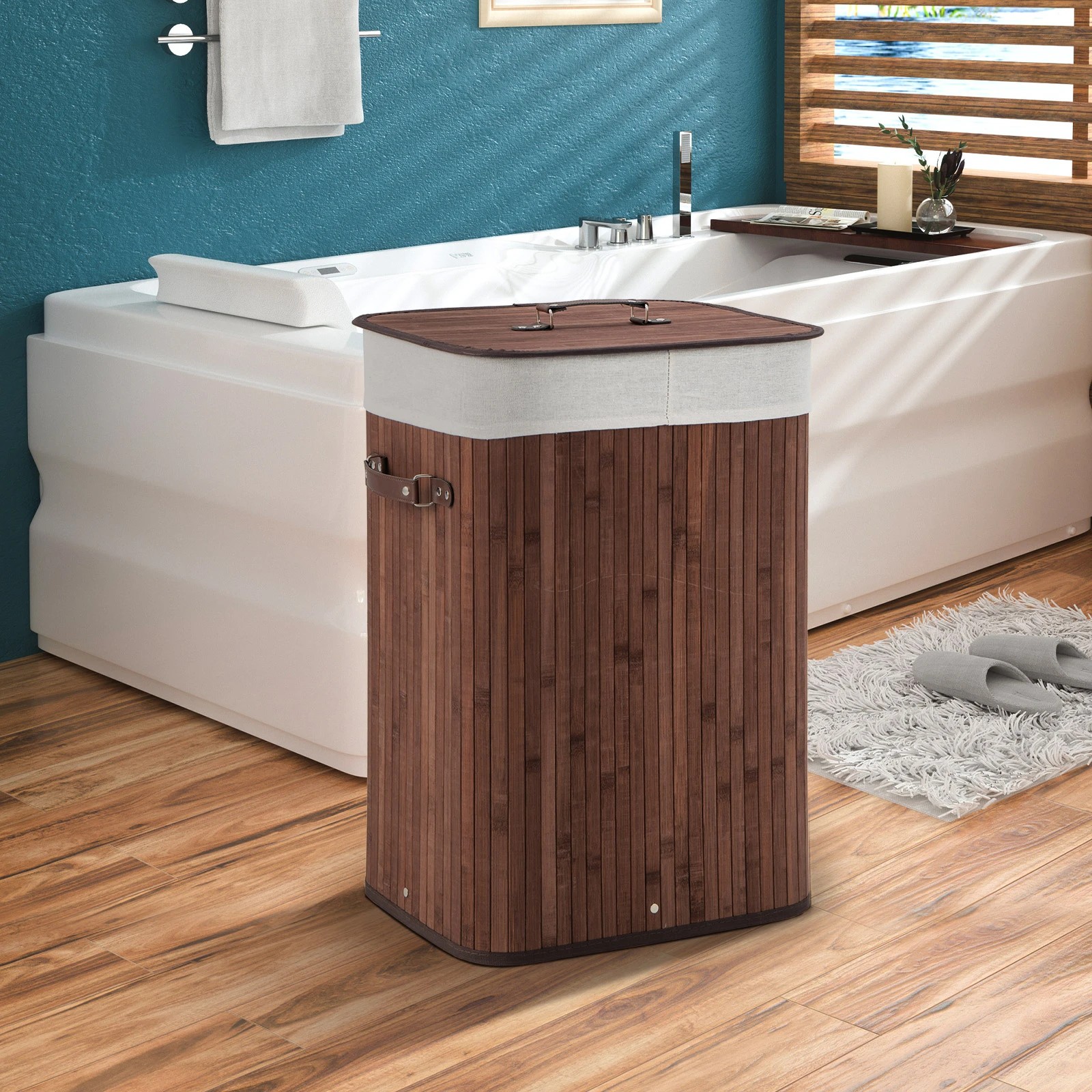 2 Costway 72L Bamboo Laundry Hamper Cloth Storage Basket Collapsible Bin Bathroom - Brown, 2 of 4