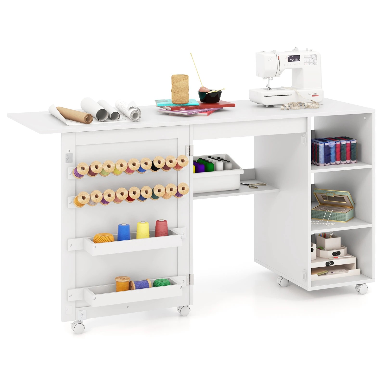 3 Costway Folding Sewing Table Portable Rolling Craft Station w/Storage Bins - White, 3 of 3