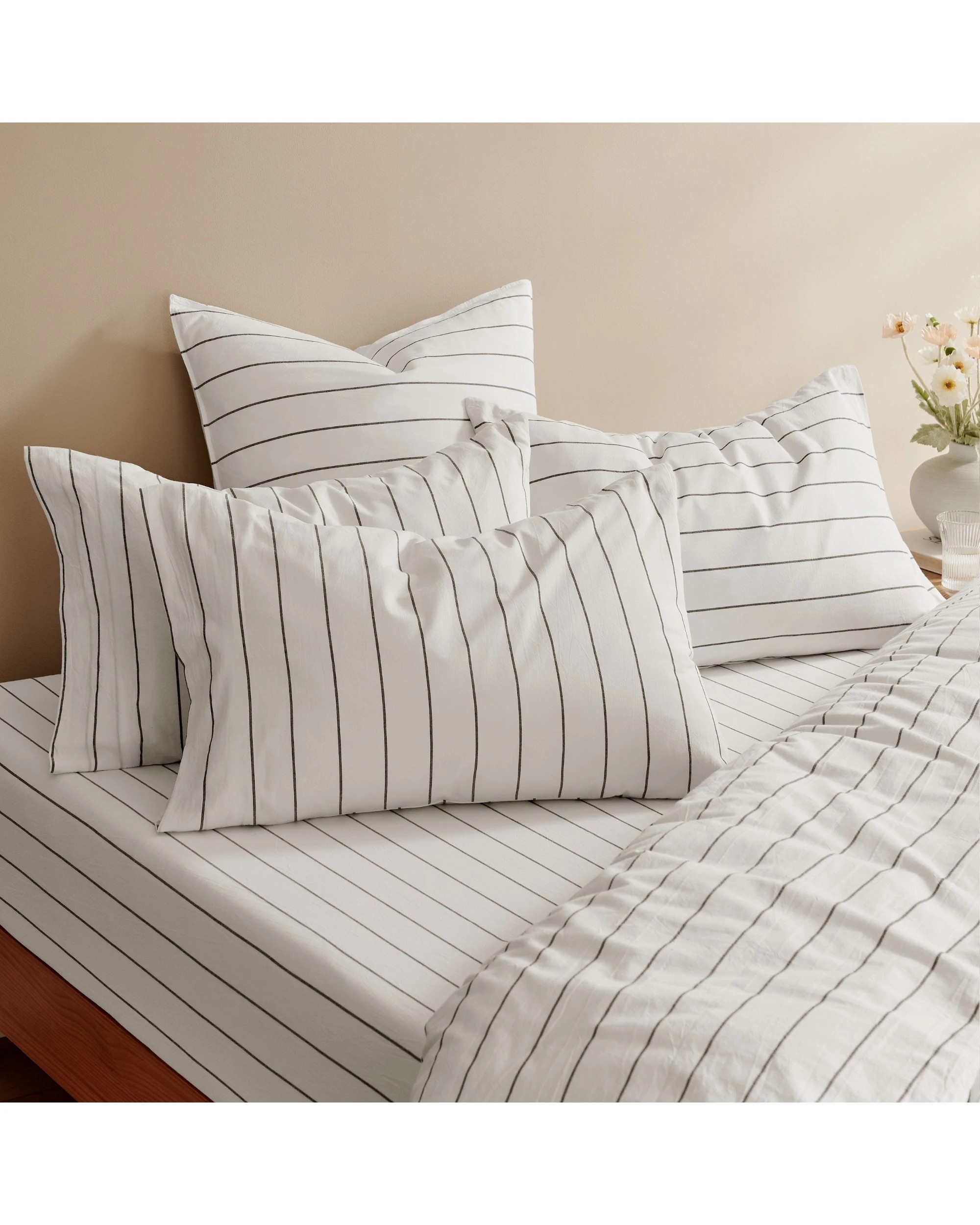 6 Dreamaker Rumi Stripe Washed Cotton Reversible Quilt Cover Set - Single Bed - White with Graphite, 6 of 6