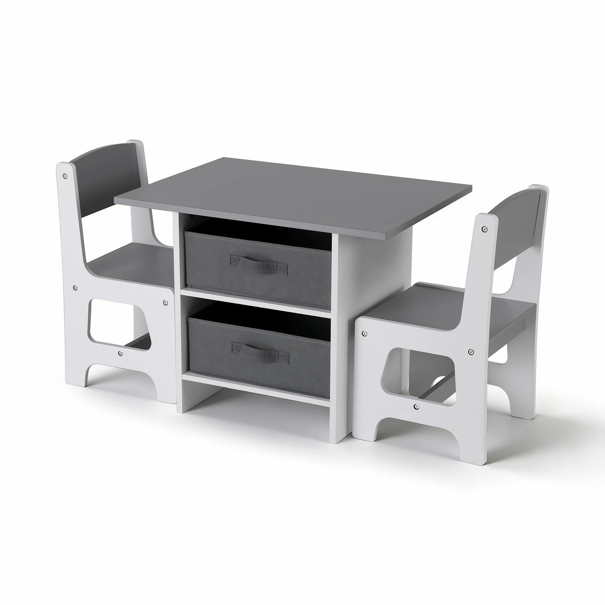 1 Keezi Kids Table and 2 Chairs Set Wooden Activity Table wit 2 Storage Drawers - Grey, 1 of 4