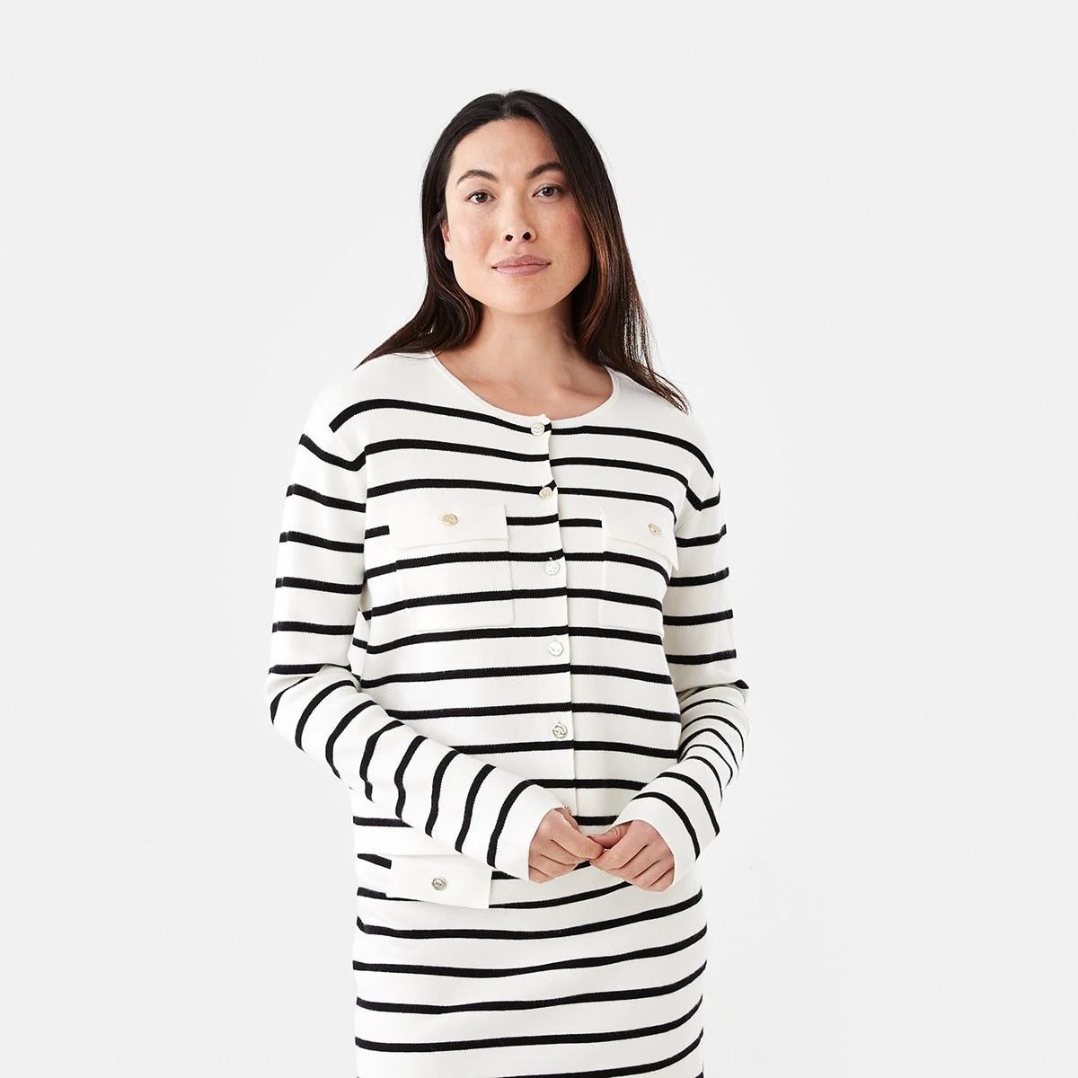 1 Compact Knit Cardigan Ecr Blk St, 1 of 7