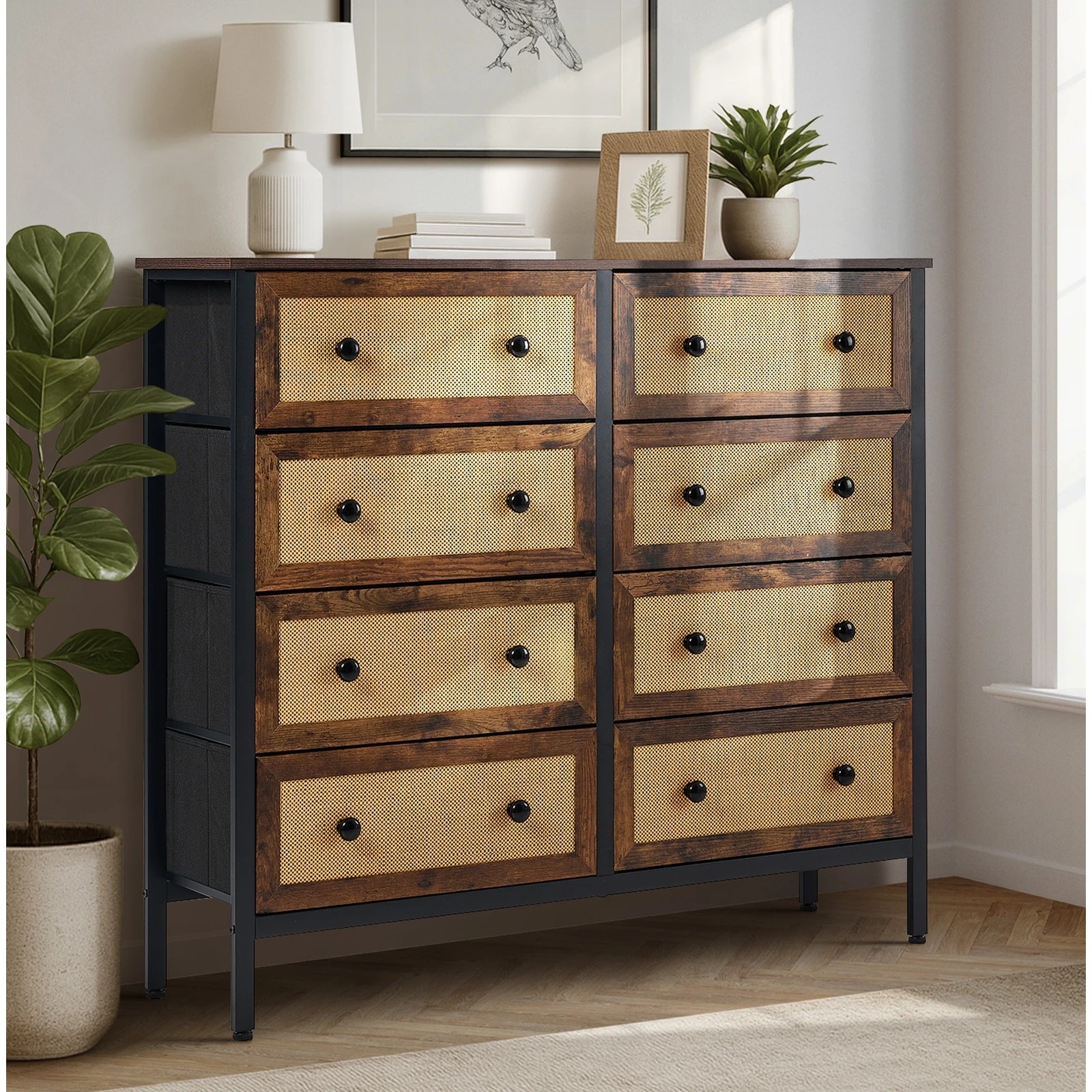 6 Oikiture 8 Chest of Drawers Storage Cabinet Rattan Fabric Dresser Tallboy - Multi, 6 of 6