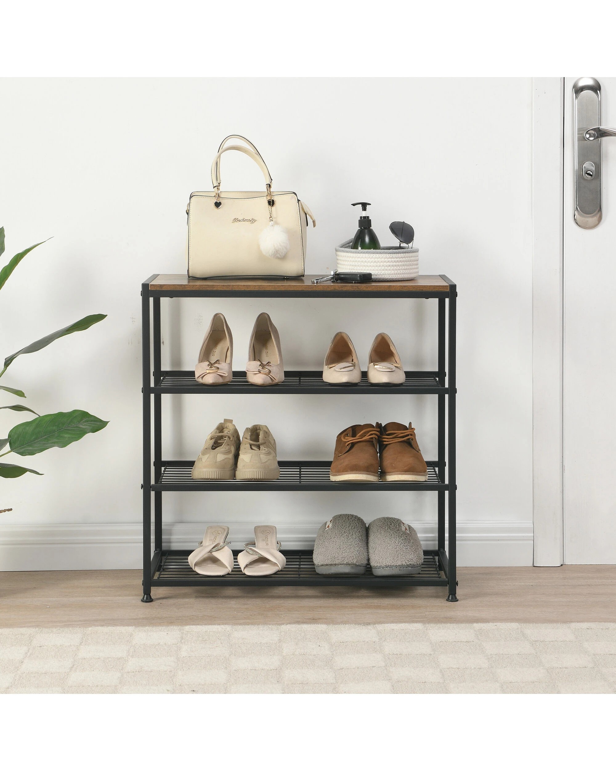 4 IHOMDEC 4-Tier Tower Metal Wood Shoe Rack - Brown, 4 of 5