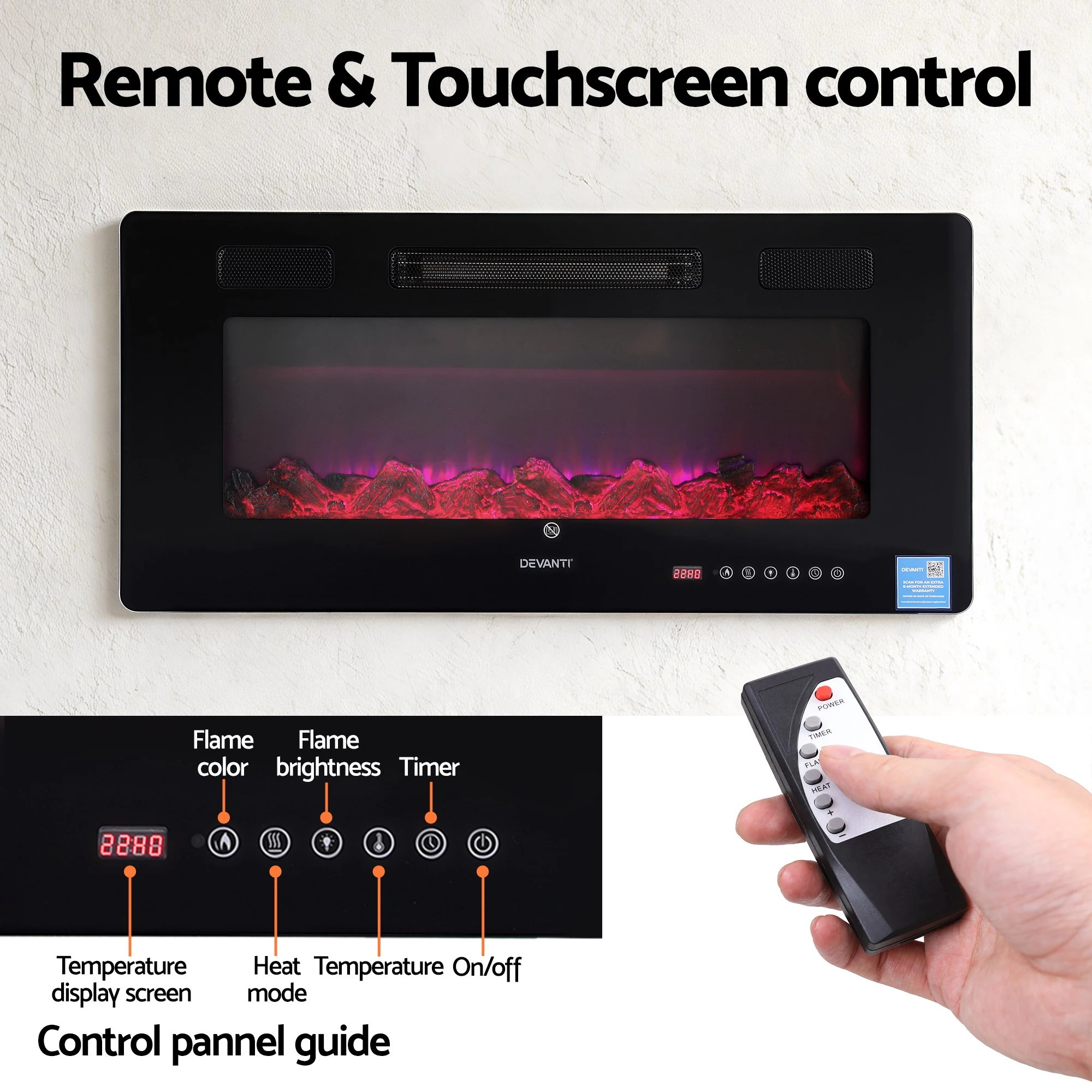 8 Devanti Electric Fireplace Fire Heater Wall Mounted Insert 3D Flame 1800W Remote - Black, 8 of 9