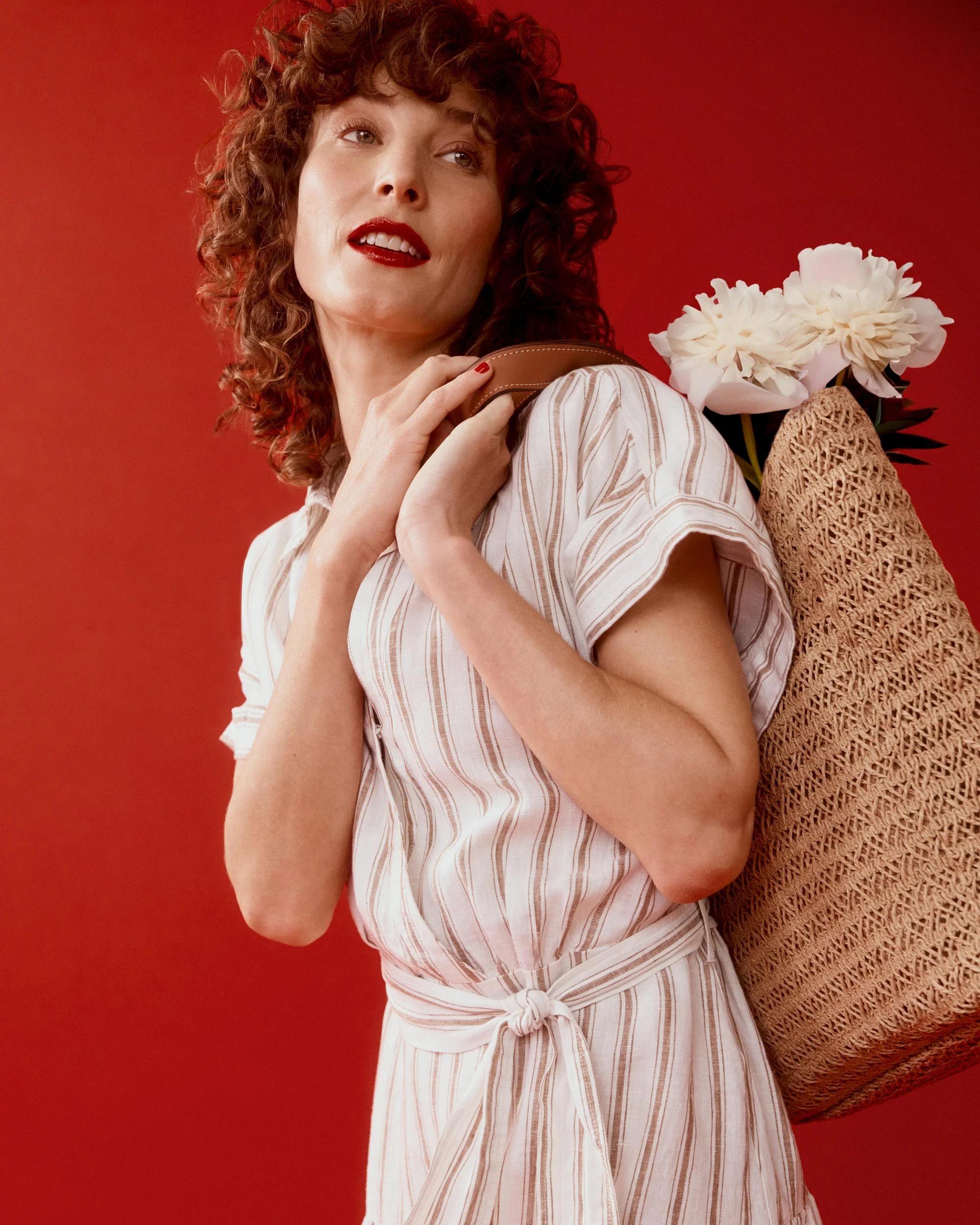 9 Target Woman European Linen Tiered Wrap Midi Dress GINGERBREAD/STRIPE, 9 of 9