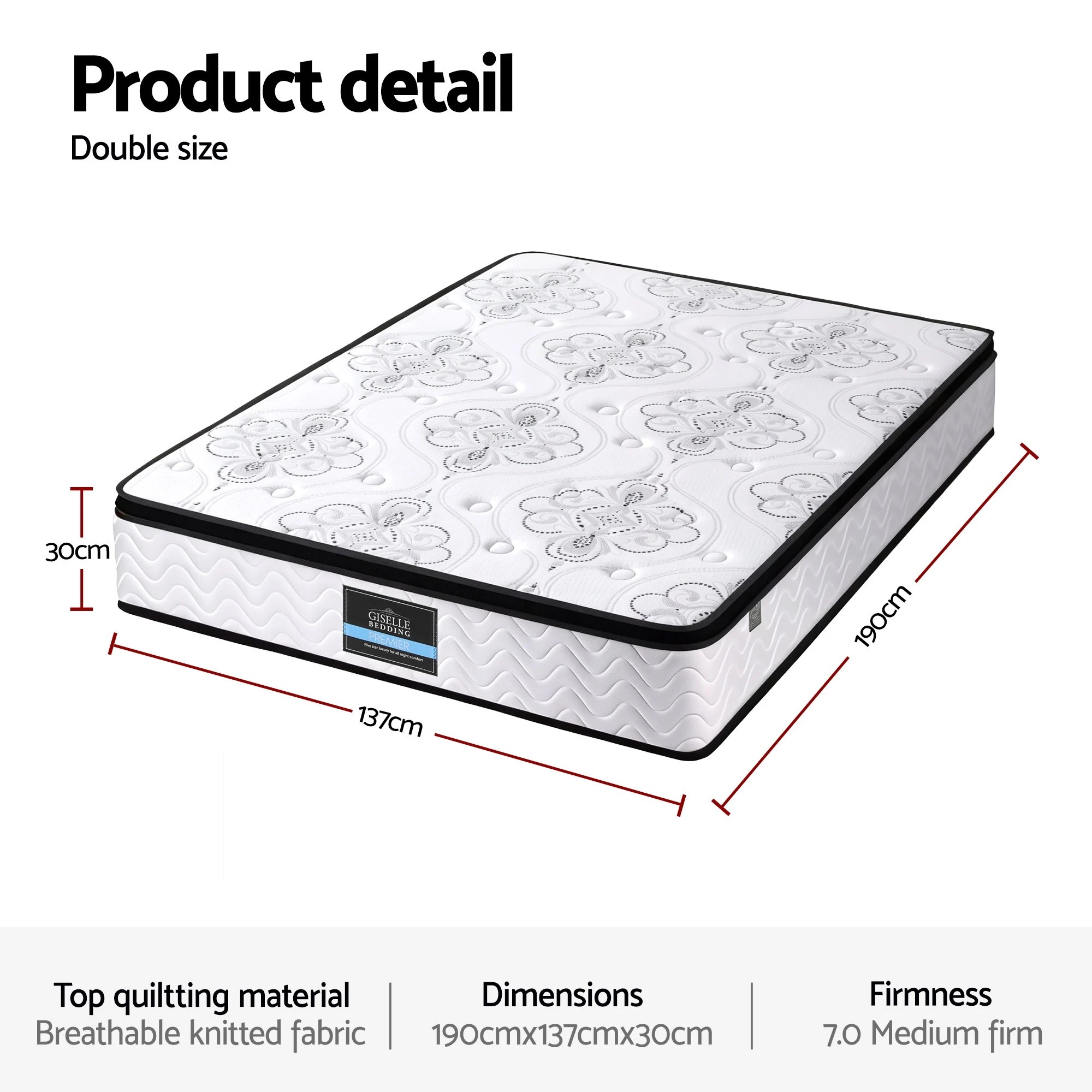 2 Giselle Bedding Double Mattress 30cm Pocket Spring Euro Top Medium Firm - Double Bed - White, 2 of 3