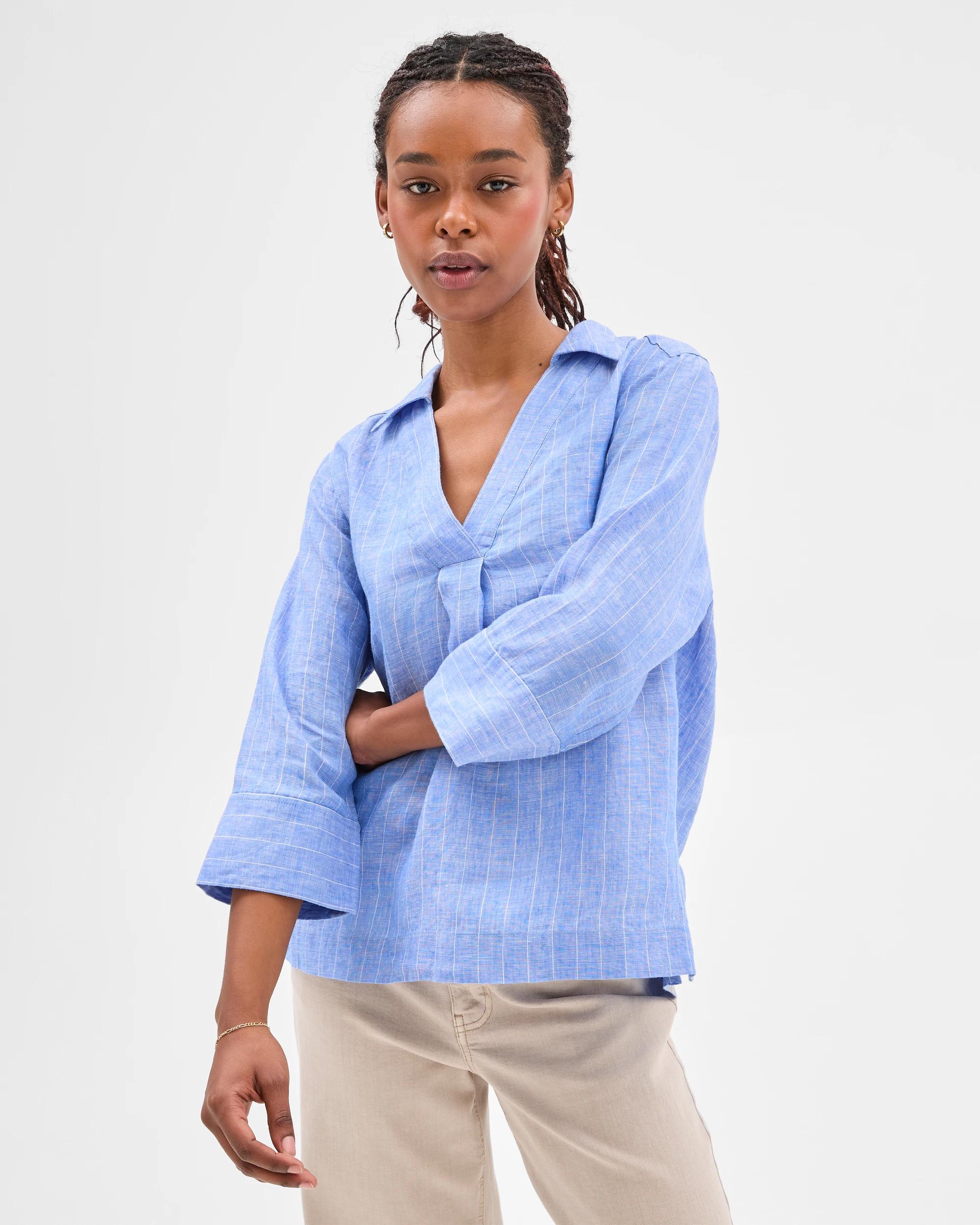 1 Target Petites European Linen Popover Shirt BOLD BLUE STRIPE, 1 of 8