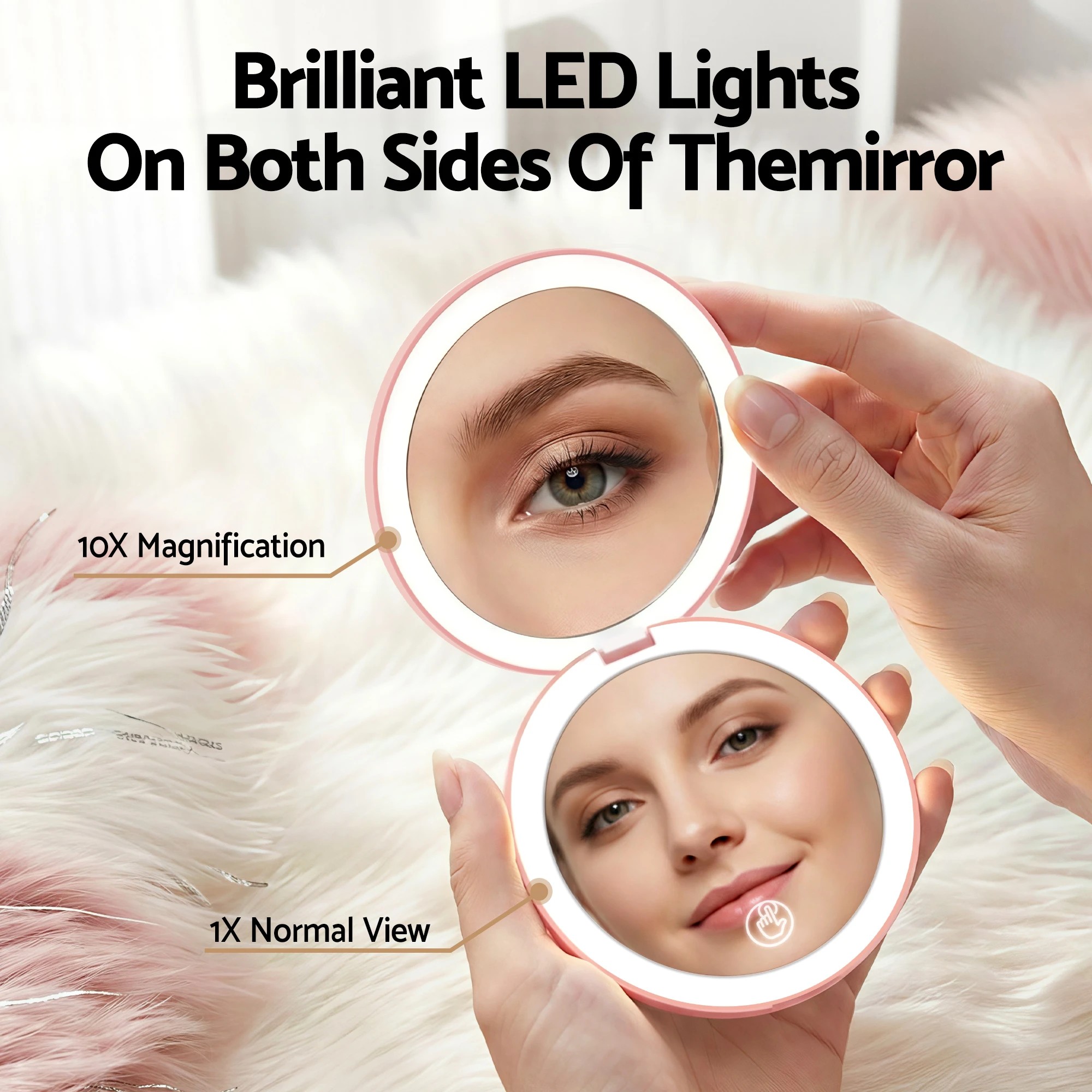 2 Embellir LED Compact Mirror Lighted Travel Makeup Mirror Pocket-Sized 1x 10x Magnification Round - Pink, 2 of 7