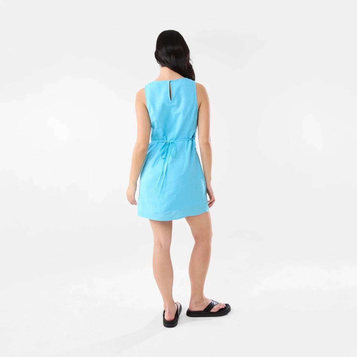 6 Sleeveless Boat Neck Linen Blend Mini Dress BLUE TOPAZ, 6 of 9