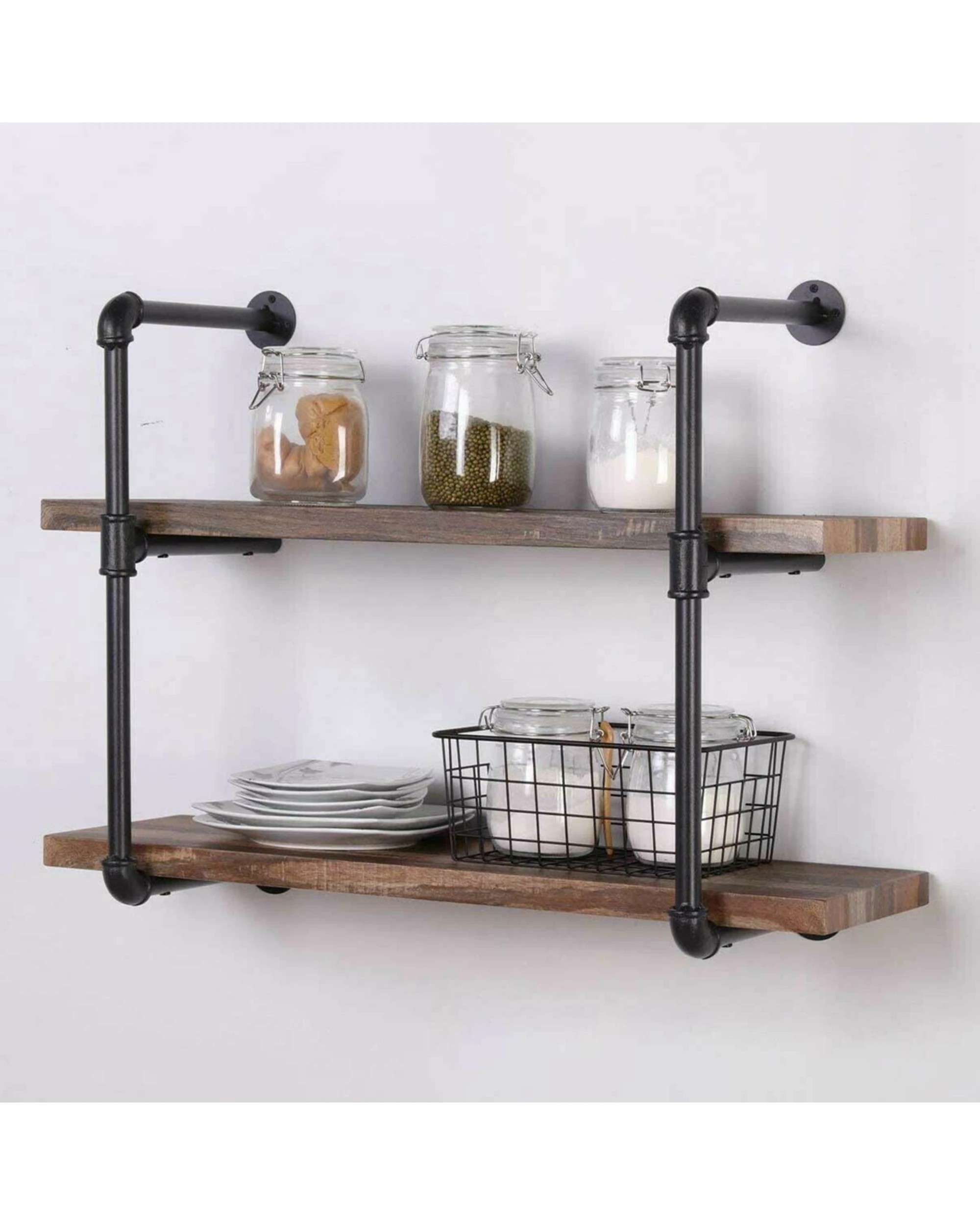 2 IHOMDEC 2 Tier Pipe Wall Shelf - Brown, 2 of 5