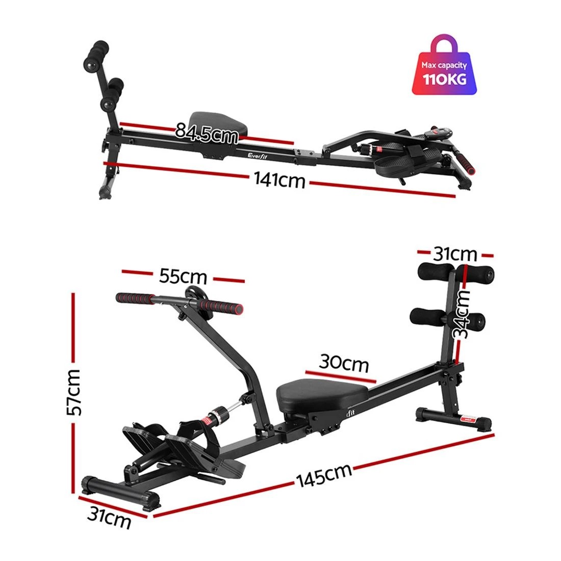 2 Everfit Hydraulic Rowing Machine Rower 12 Levels Resistance Exercise Fitness Gym - Black, 2 of 6