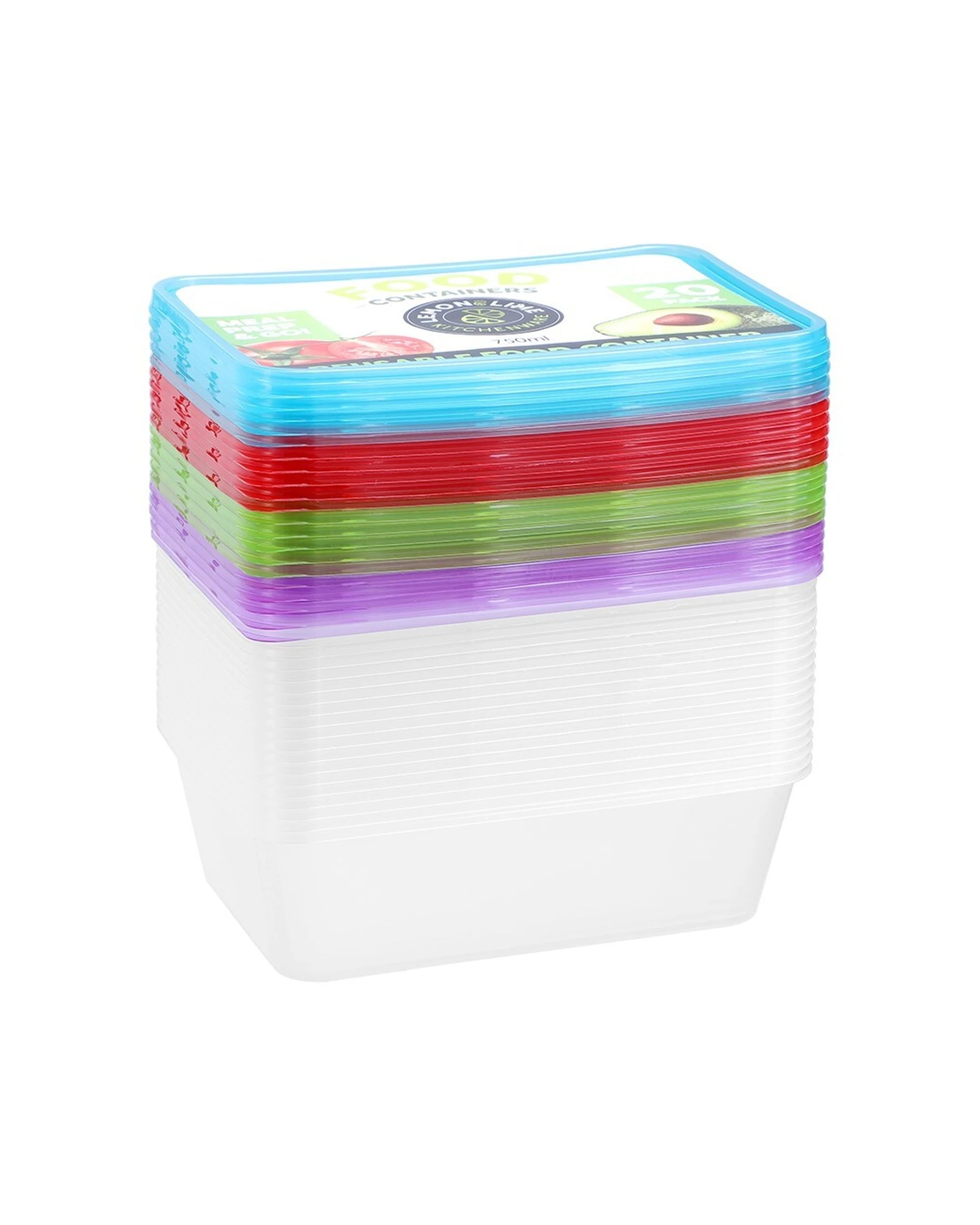 2 20pk Lemon & Lime Rectangle 750ml Reusable Food/meal Container W/ Coloured Lids
 - Multi, 2 of 8