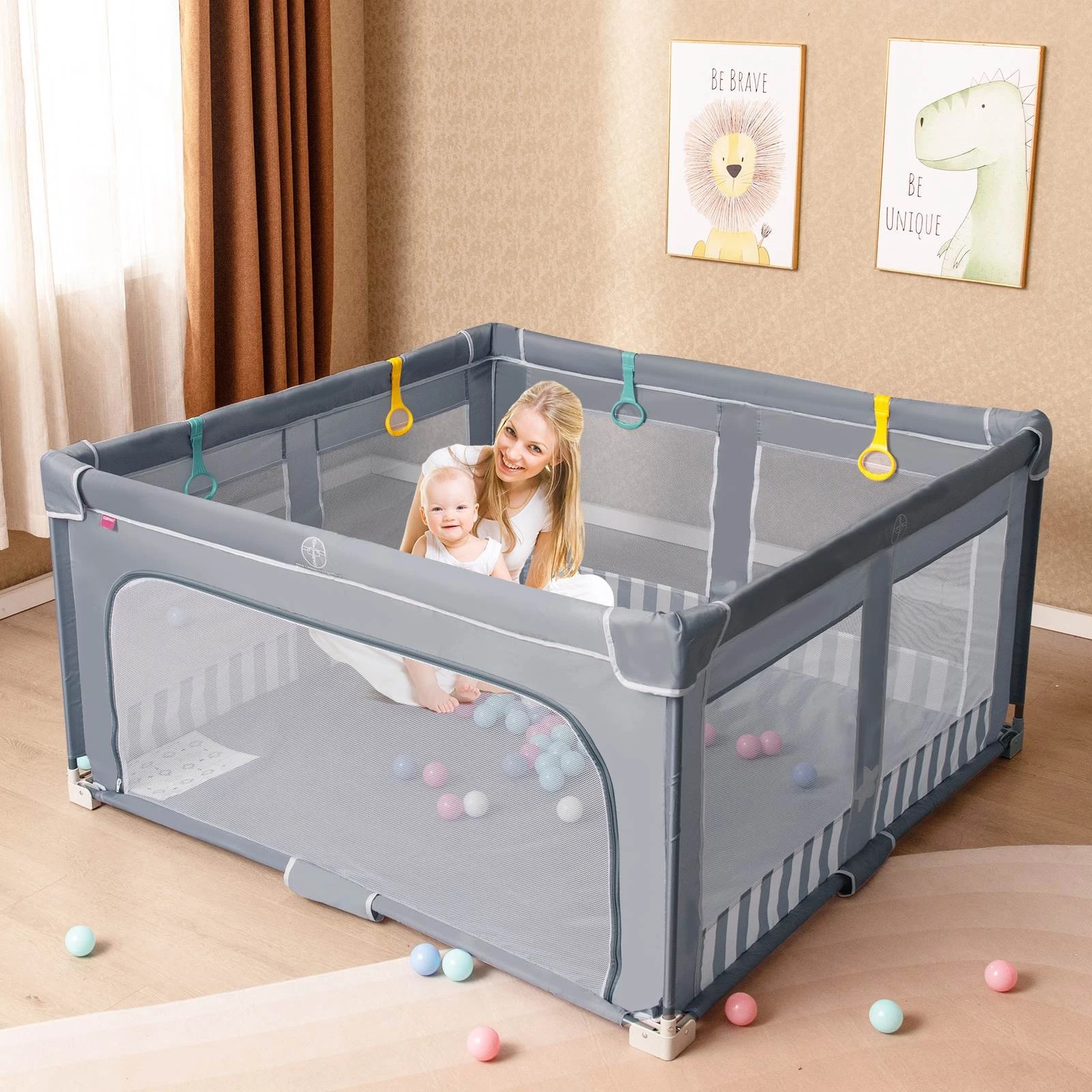 2 Costway Folding Playpen Oxford Fabric Mesh Gate Fence Play Yard Game, 2 of 2