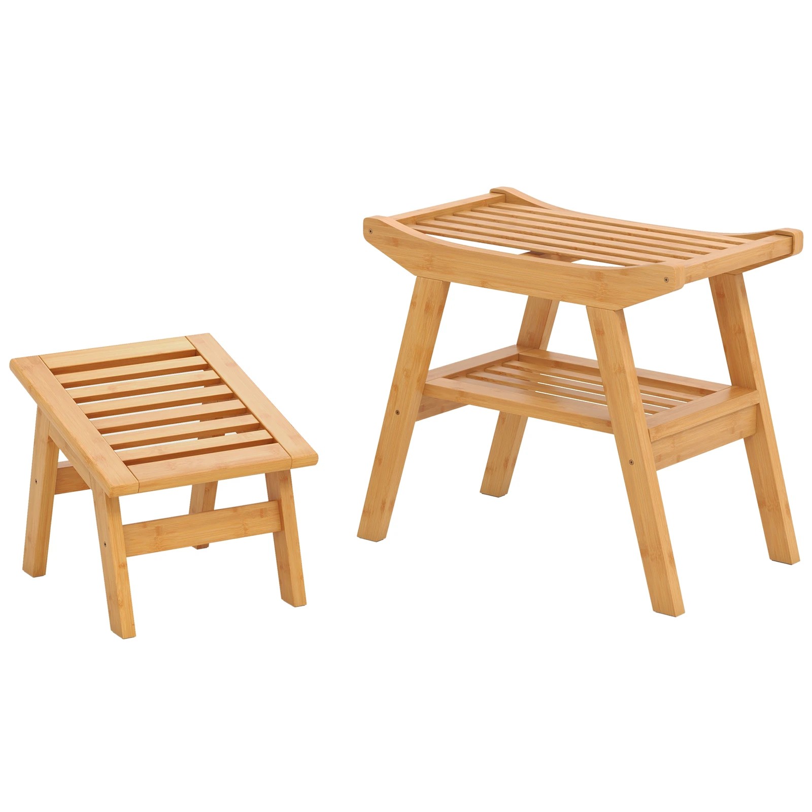 1 Costway Bamboo Shower Seat Chair Bench Wood Foot Stool Set w/Storage Shelf, 1 of 1