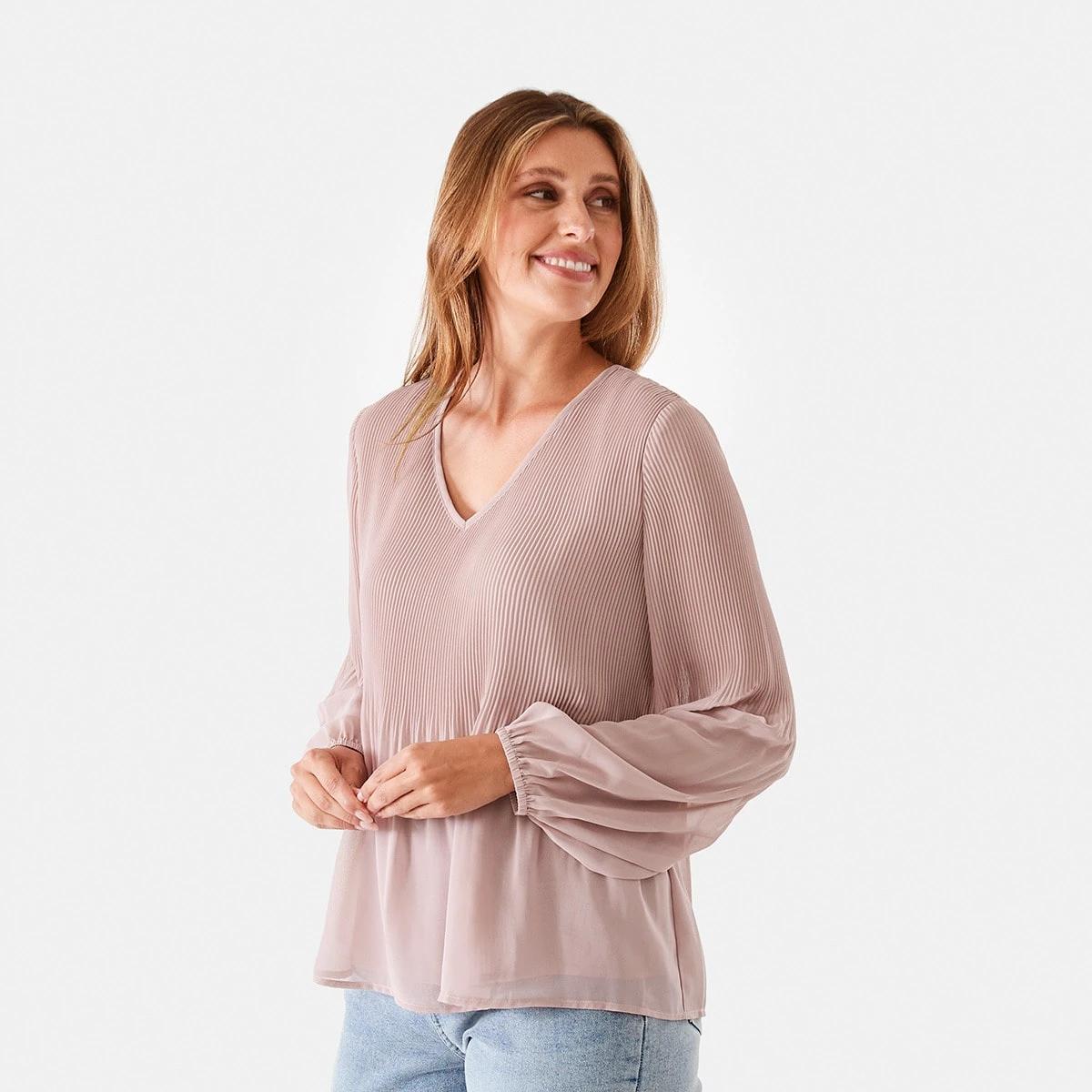 2 Long Sleeve Pleat Top Mdst Pink, 2 of 6