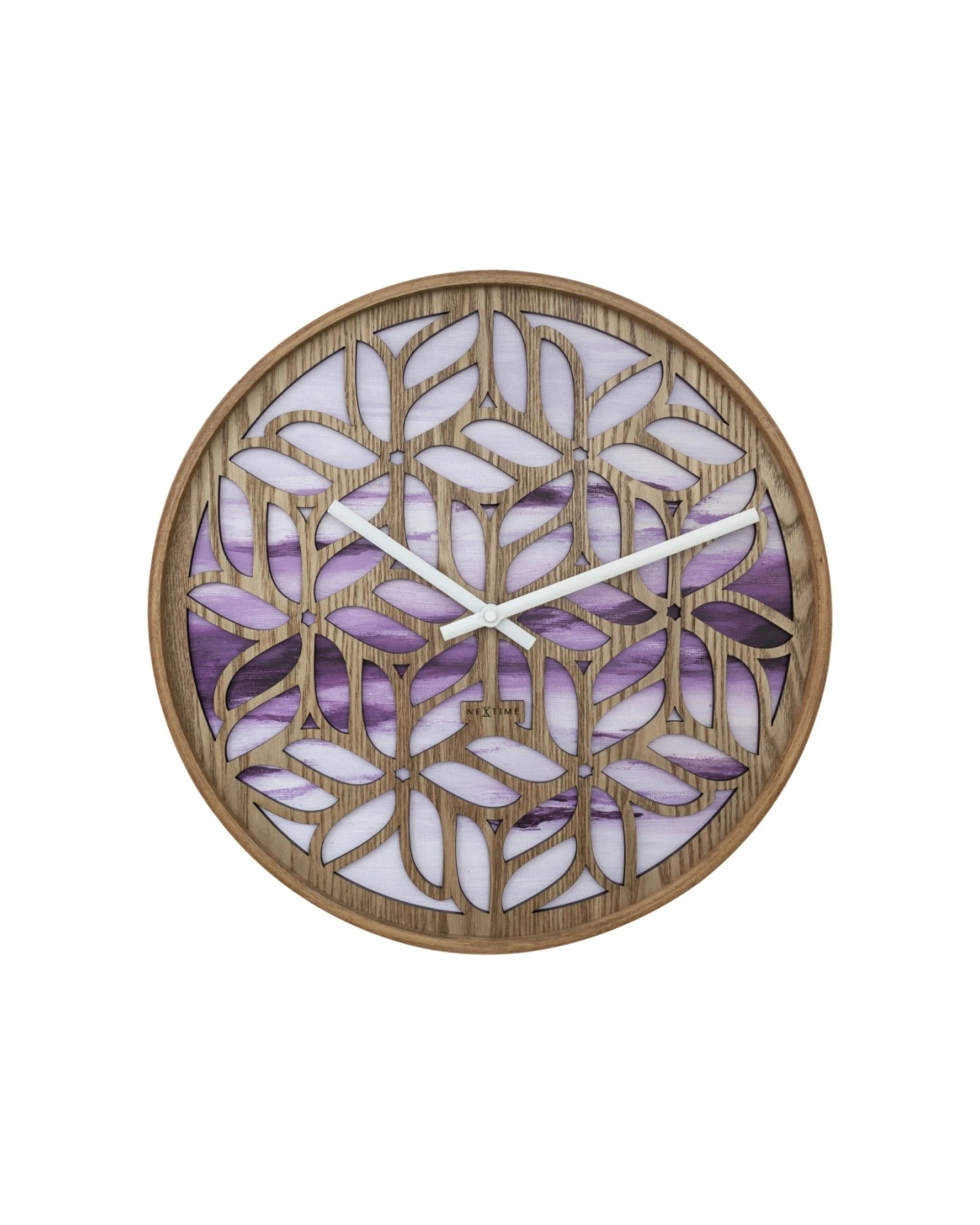 1 NeXtime Yogi Wall Clock Silent Sweep Birch Wood Floral 40cm - Purple, 1 of 5