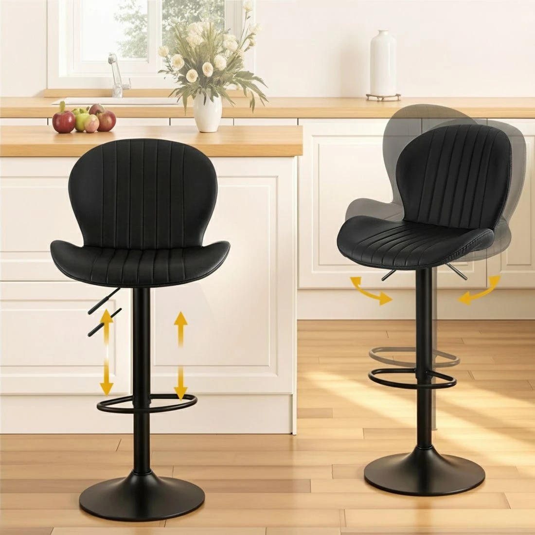 4 Artiss 2x Bar Stools Kitchen Swivel Gas Lift Counter Chair Shell Leather - Black, 4 of 7