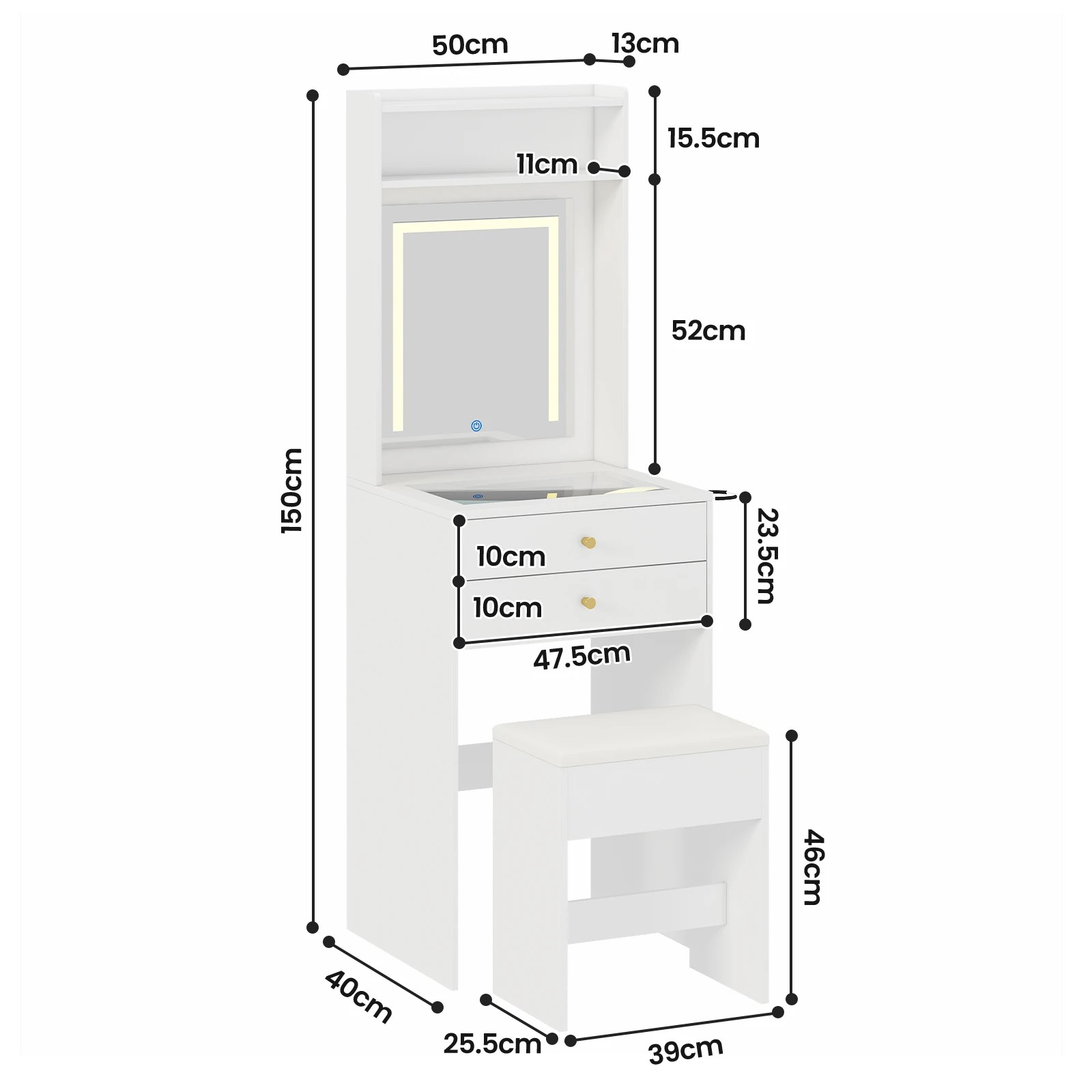 2 Advwin Dressing Table Set With Glass Desktop Makeup Desk Mirror Led Light Storage Drawers, 2 of 10