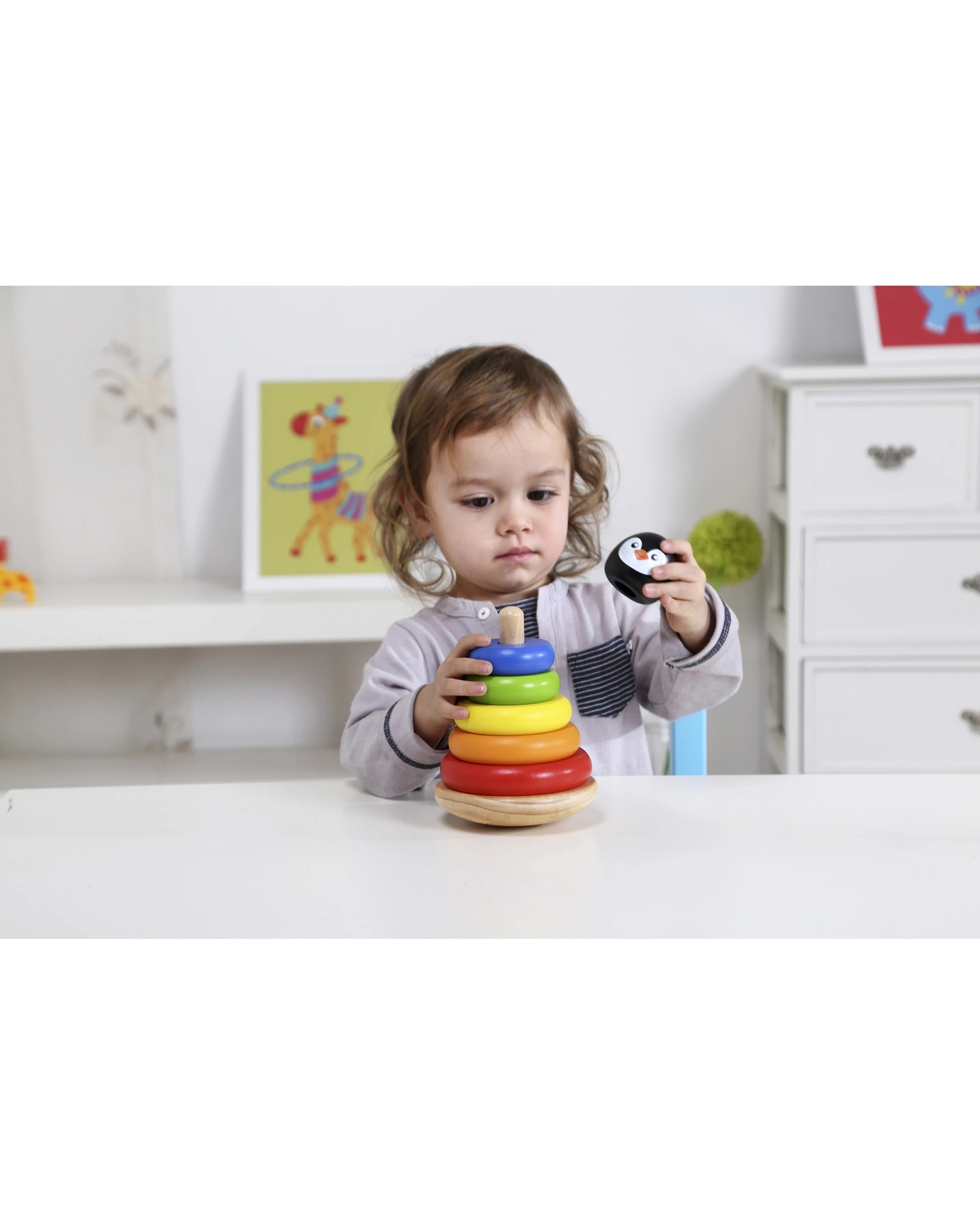 Tooky Toy Penguin Wooden Stacker Baby Stacking Round Blocks Educational ...