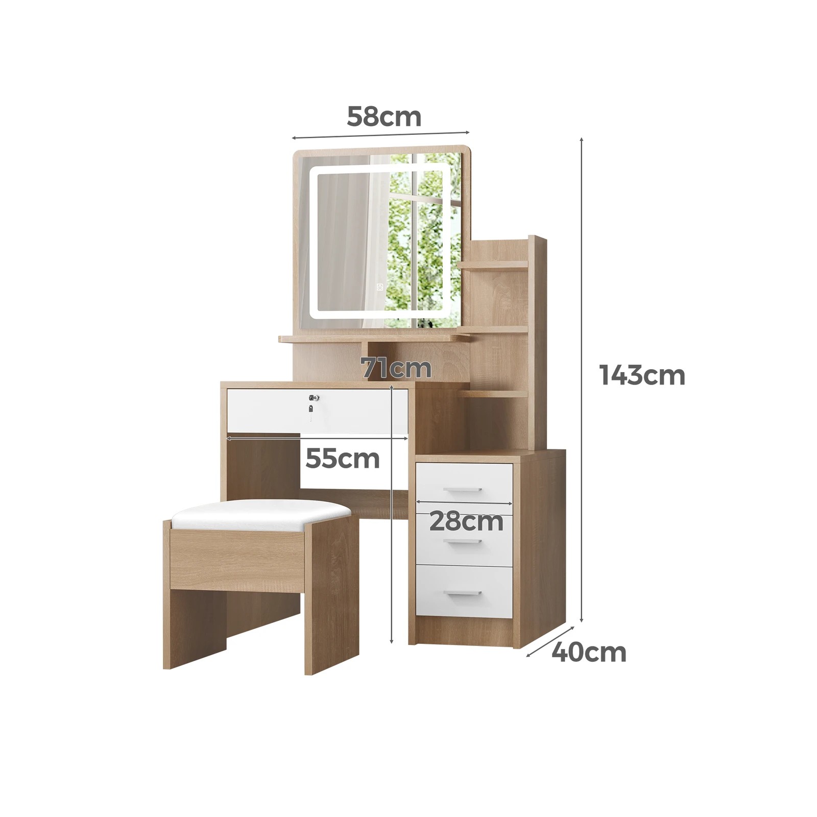 6 Alfordson Dressing Table Stool LED Makeup Mirror Vanity Desk - Natural, 6 of 10