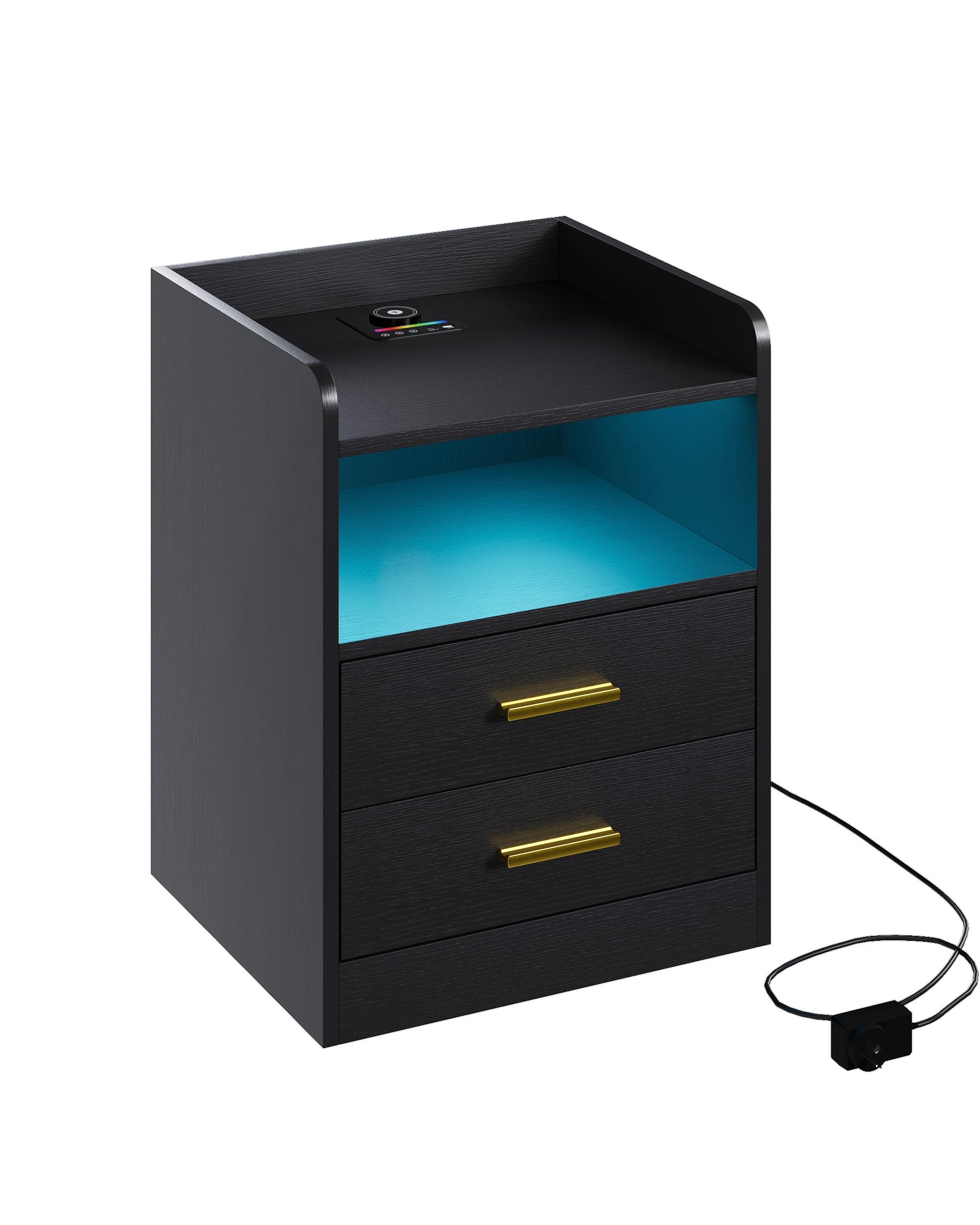 1 Advwin Led Bedside Table 2 Drawers Wireless Charging Station Smart Control - Black, 1 of 9