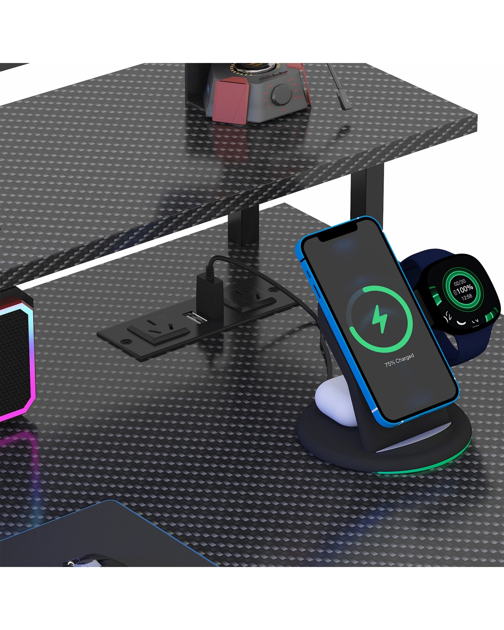 5 Advwin Gaming Desk with LED Lights & Power Outlets Reversible Storage Shelf 150cm Computer Desk, 5 of 10