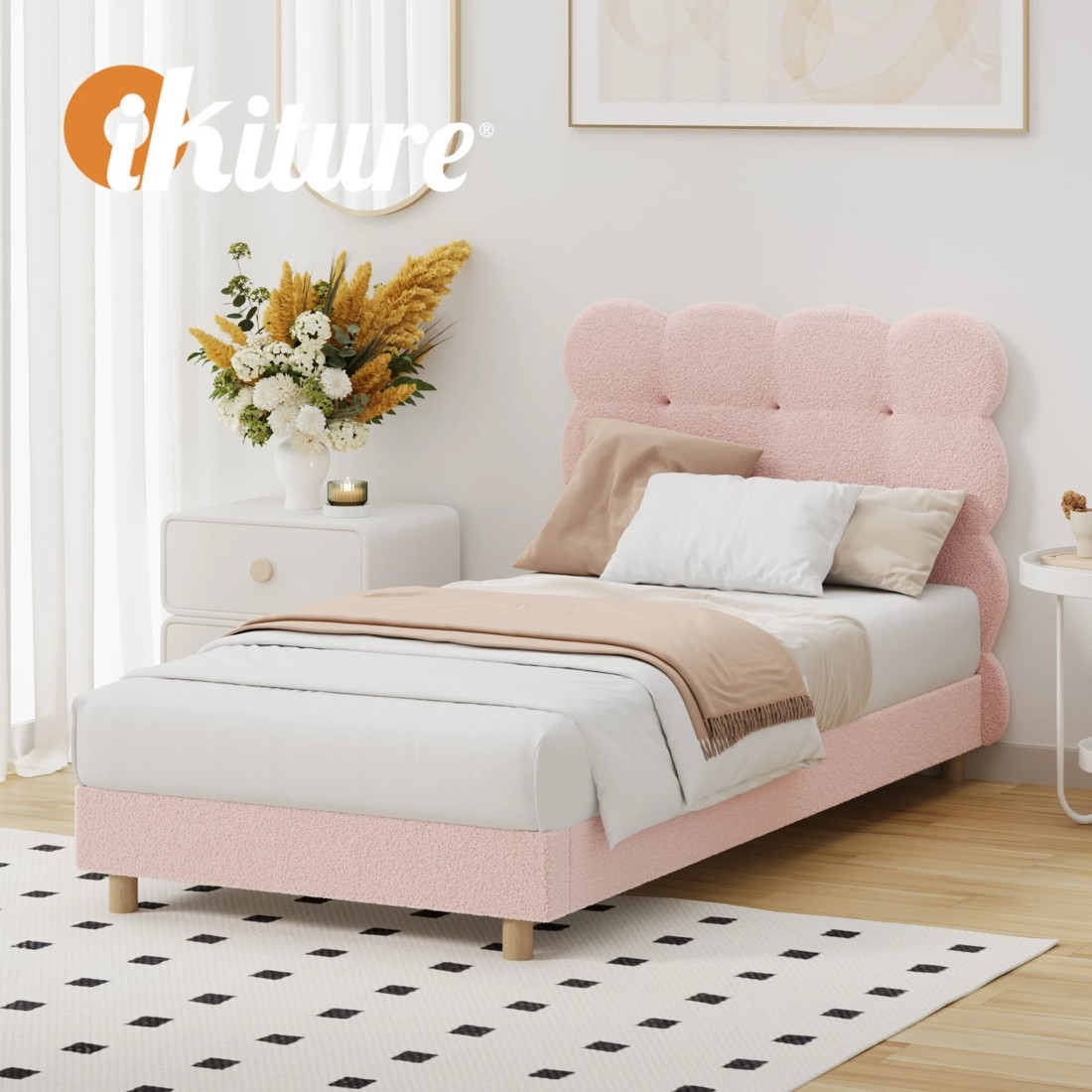 6 Oikiture Bed Frame Single Size Tufted Bedhead Boucle Fabric - Pink, 6 of 9