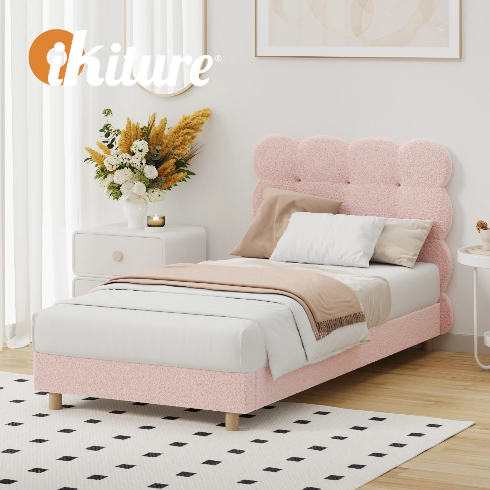 6 Oikiture Bed Frame Single Size Tufted Bedhead Boucle Fabric - Pink, 6 of 9