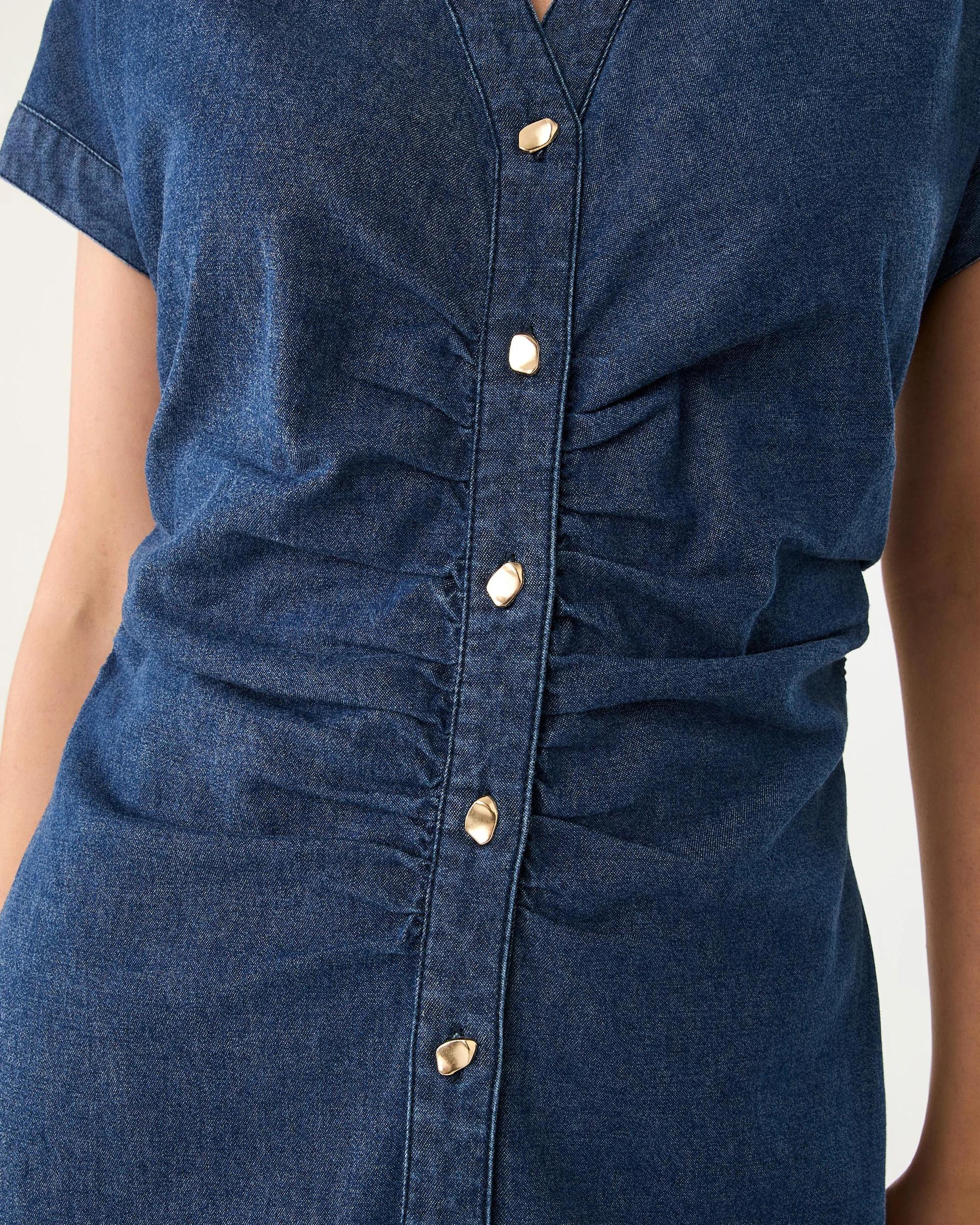 6 Short Sleeve Denim Gathered Midi Dress Dark Denim, 6 of 7