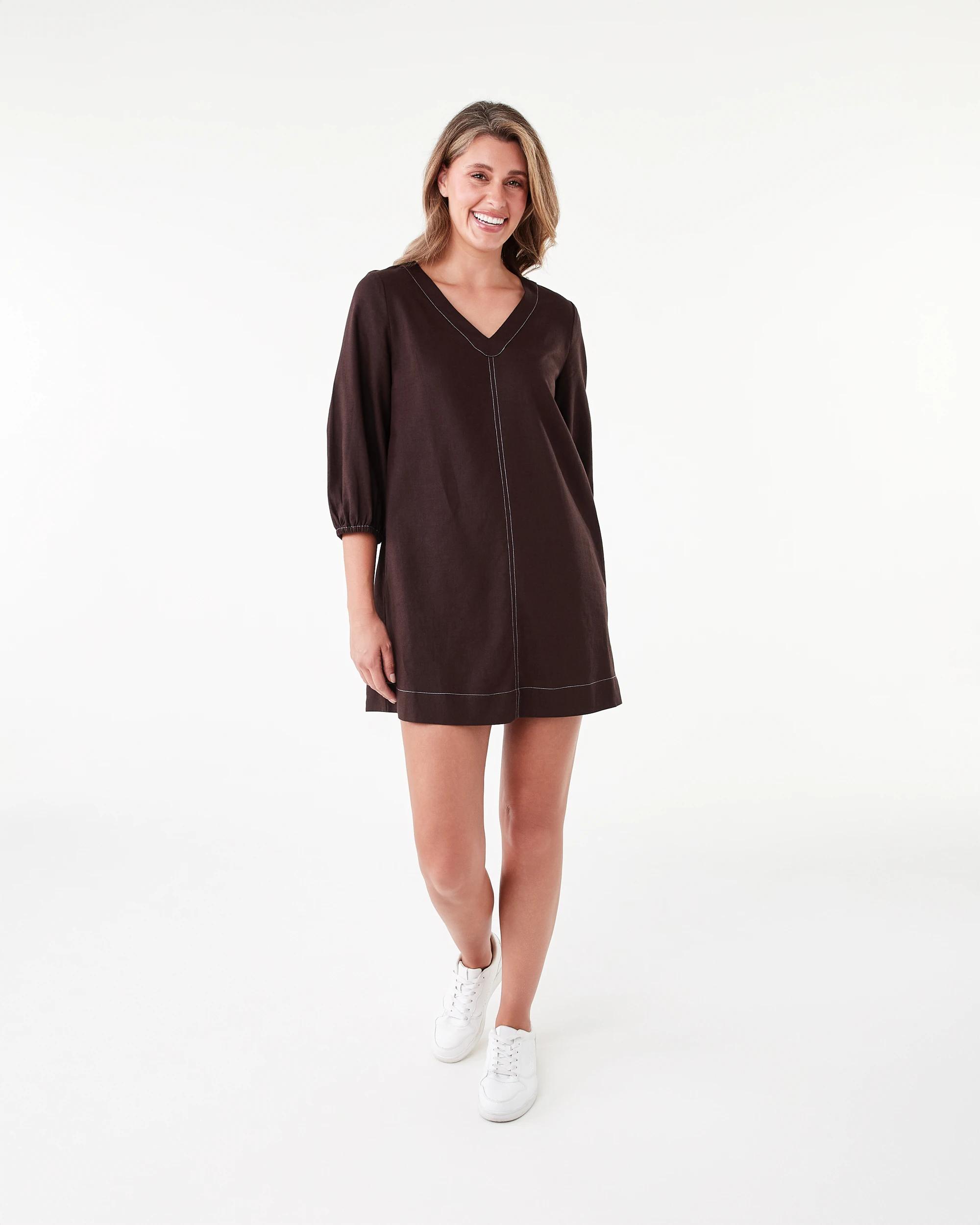 9 Long Sleeve Linen Blend V-Neck Mini Dress Choc Plum, 9 of 9