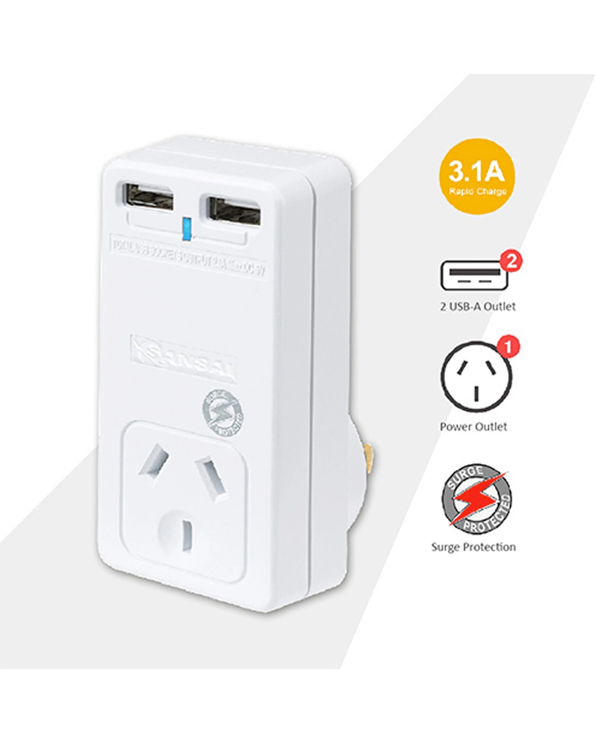 2 Sansai 3.1A USB Wall Socket Adaptor Charger With Dual USB-A Ports - White, 2 of 2
