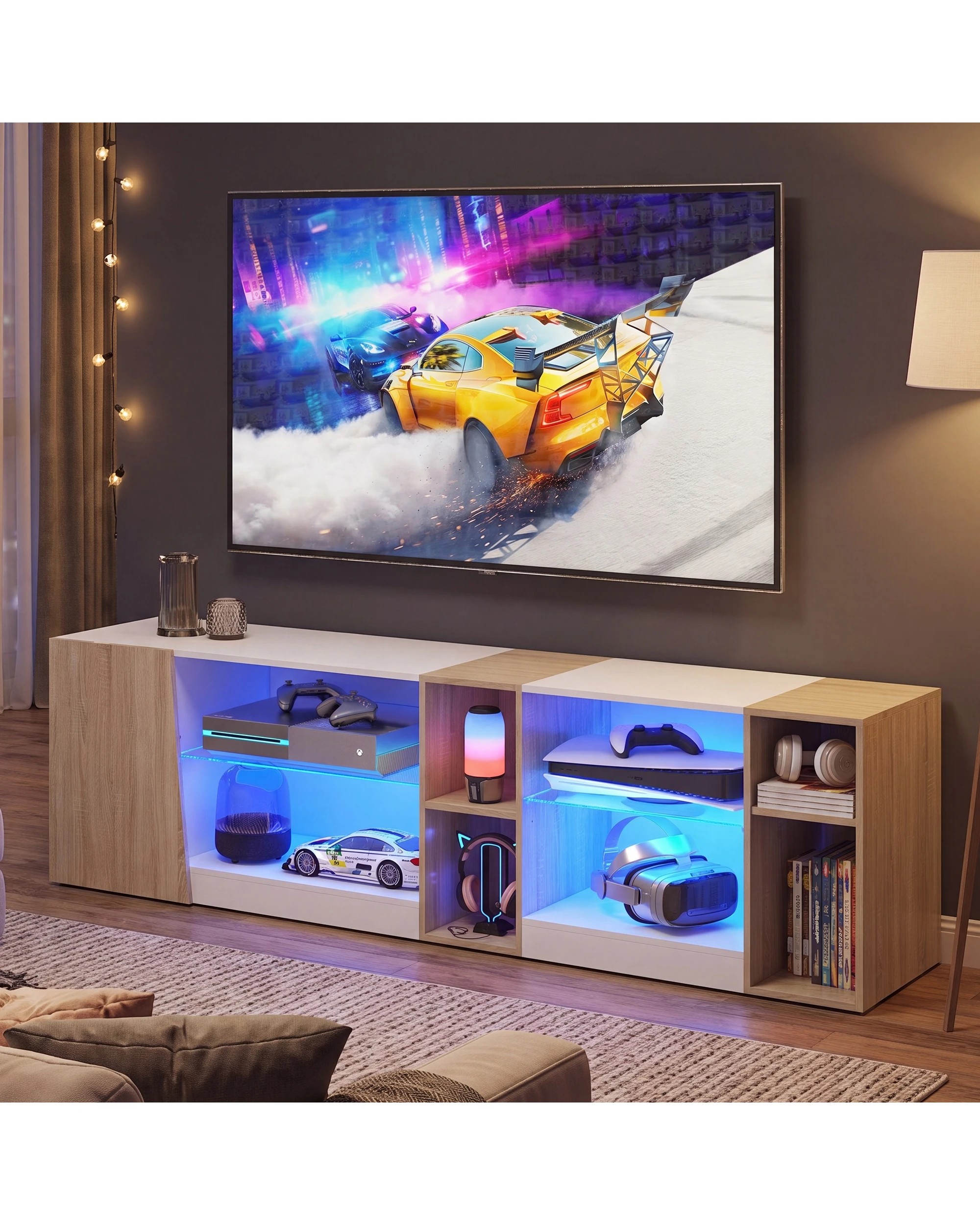 1 Advwin 160cm LED TV Unit Cabinet Gaming Entertainment Center w/ Adjustable Glass Shelves & Cabinet White, 1 of 9