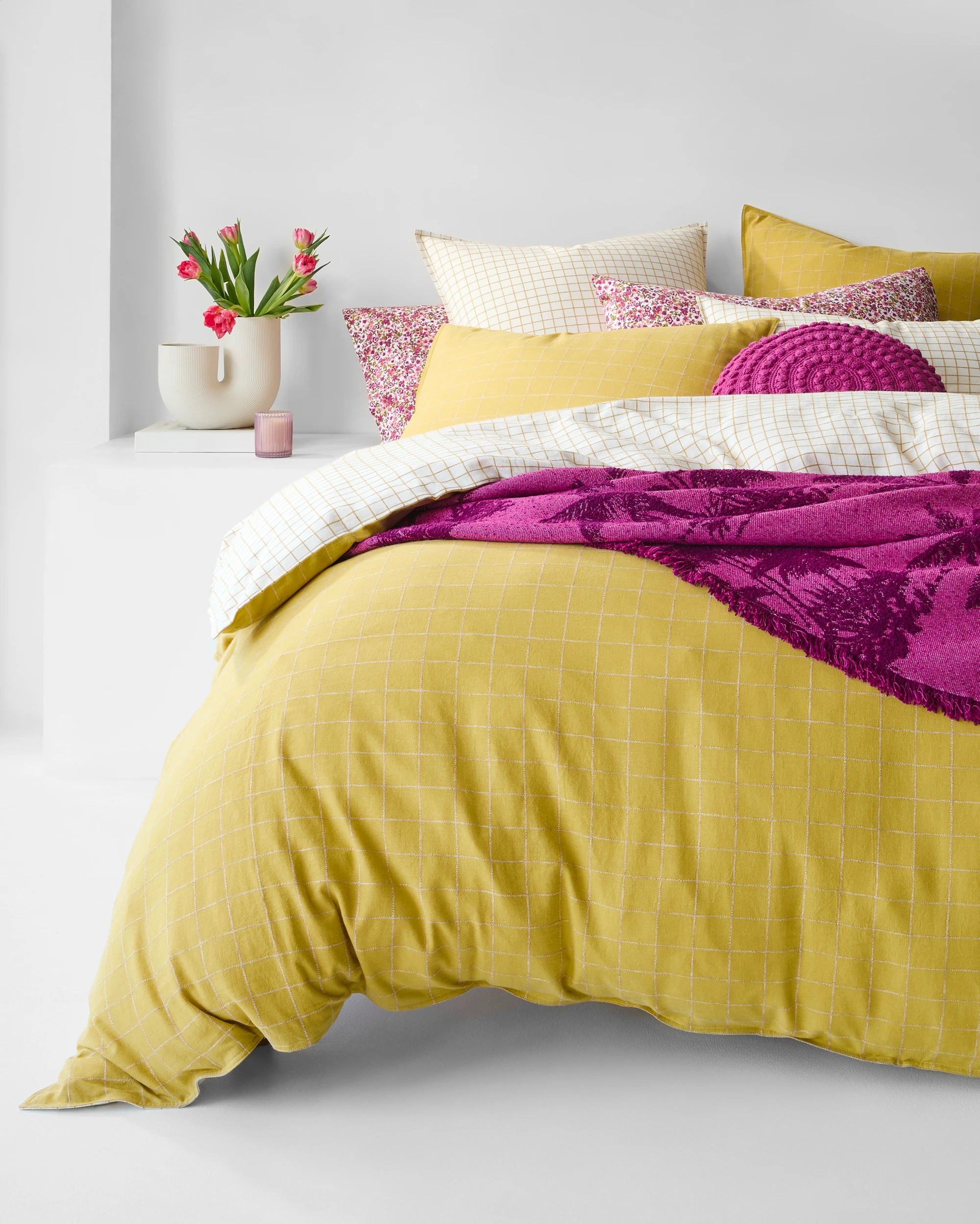 2 Target Check Linen/Cotton Quilt Cover Set - Queen Bed - Yellow, 2 of 10