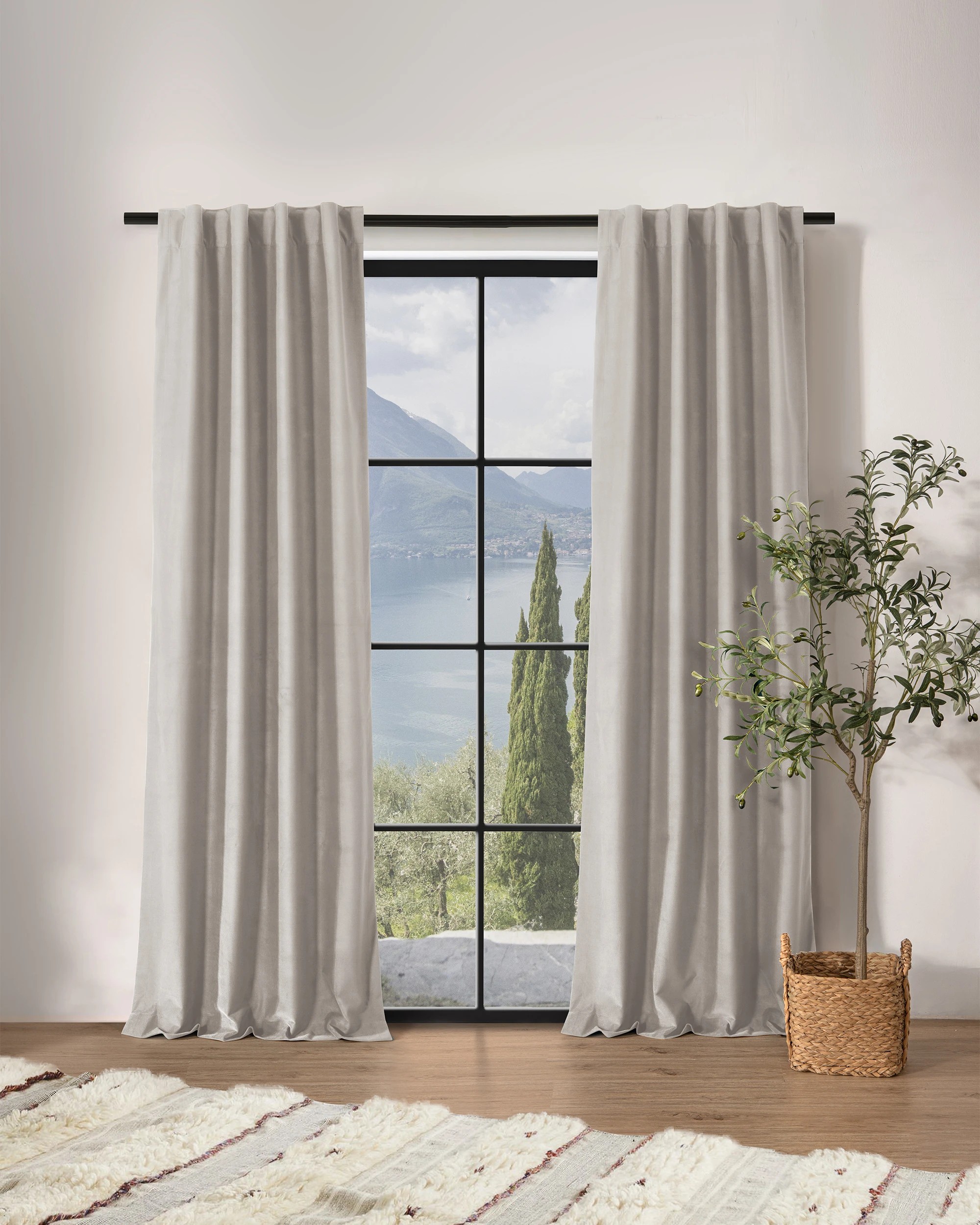 1 Cadence & Co. Byron Matte Velvet 100% Blockout Concealed Tab Top Curtains Twin Pack 90x223cm - Oat, 1 of 7
