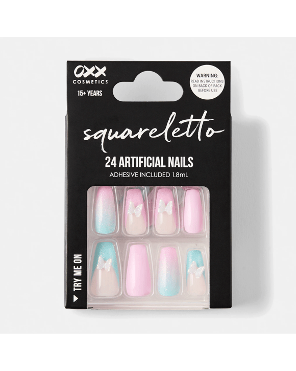 OXX Cosmetics 24 Pack Artificial Nails with Adhesive - Squareletto Shape, 3D Butterfly