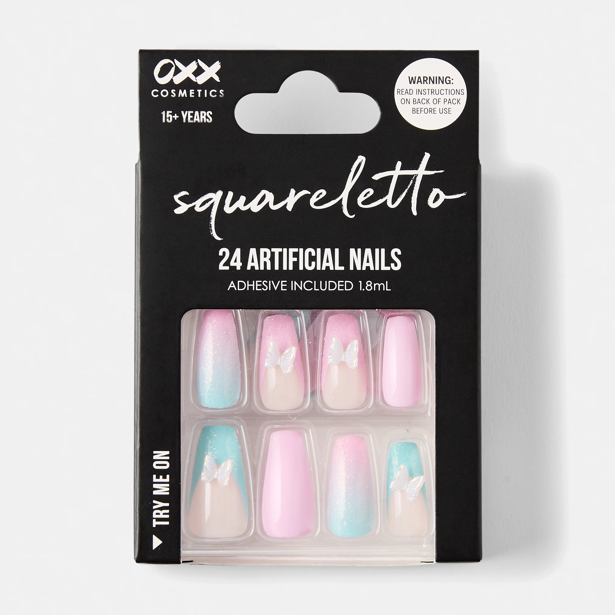 1 OXX Cosmetics 24 Pack Artificial Nails with Adhesive - Squareletto Shape, 3D Butterfly, 1 of 5