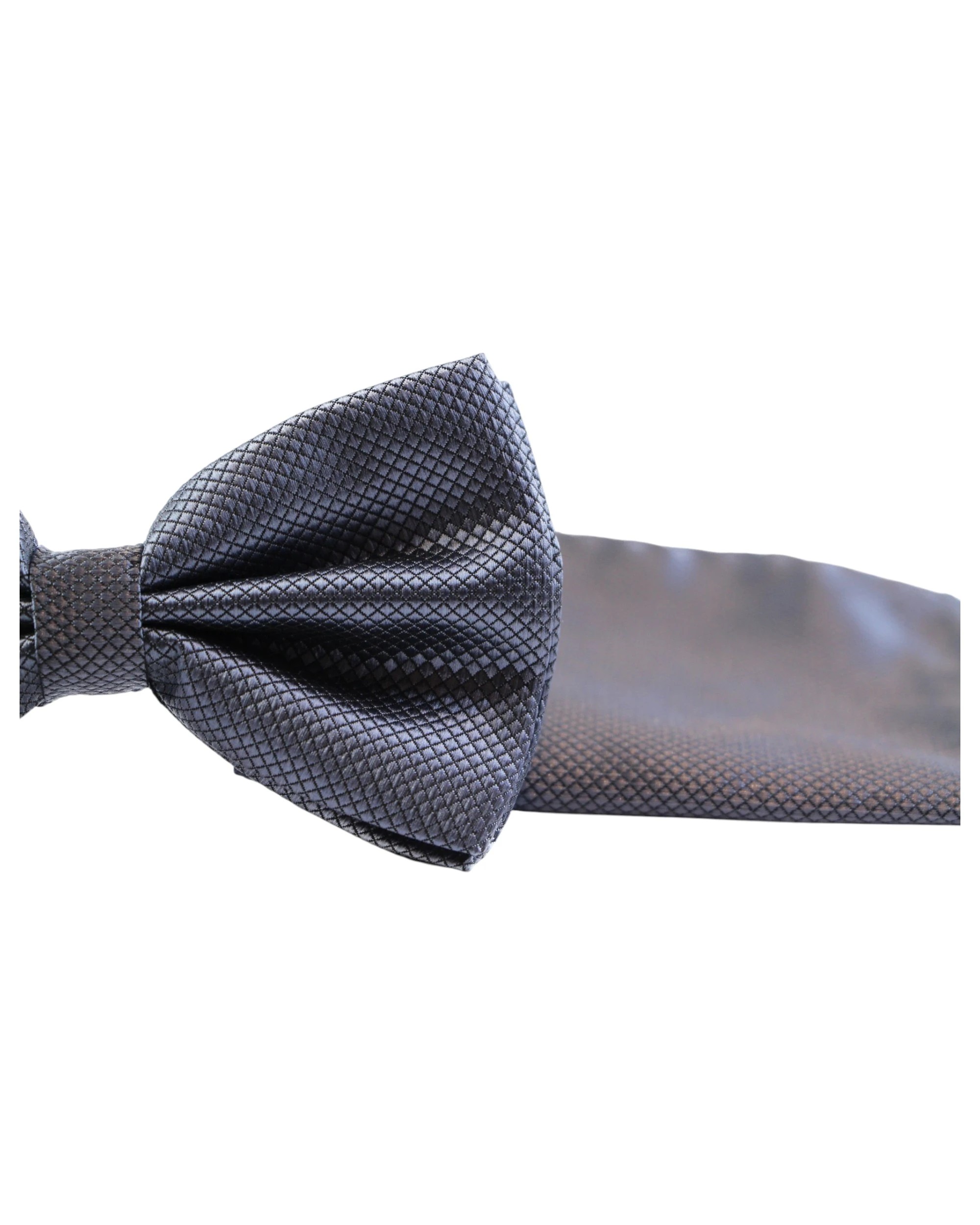 2 Zasel Mens Gunmetal Plain Coloured Checkered Bow Tie & Matching Pocket Square Set - Silver, 2 of 3