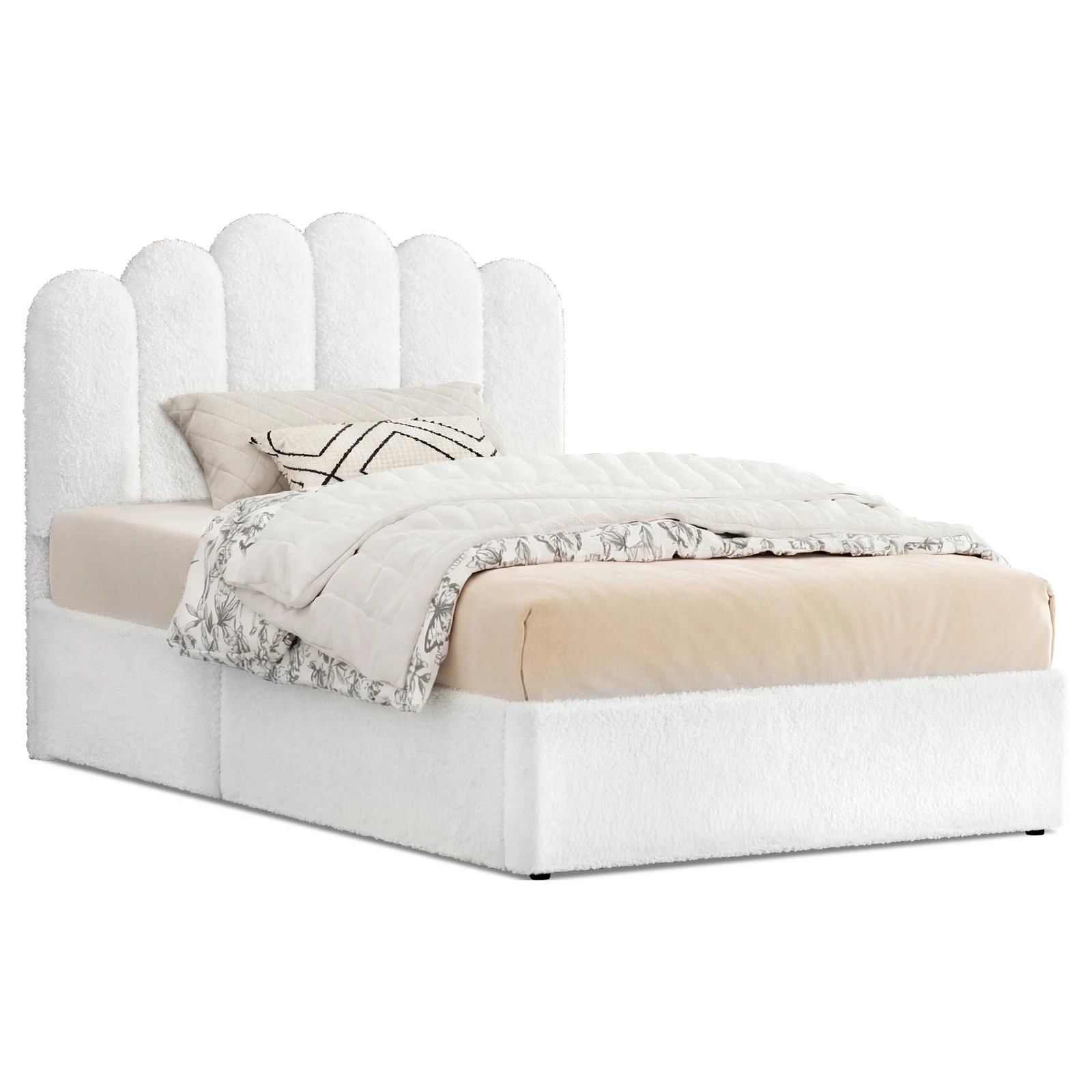 1 Alfordson Bed Frame King Single Gas Lift Storage Base Wooden Boucle Mutis - White, 1 of 10