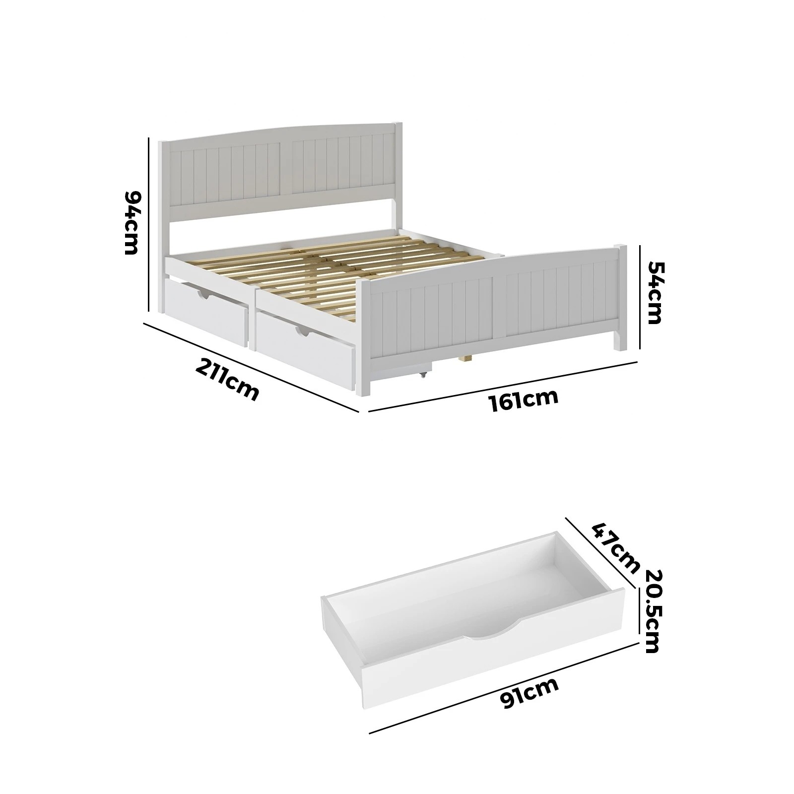 6 Oikiture Wooden Bed Frame Queen Size Base With Trundle Storage Drawers
 - White, 6 of 8