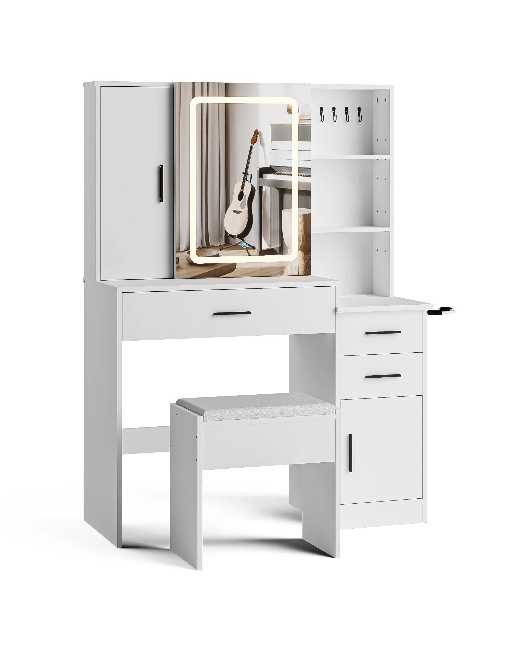 1 Ufurniture Dressing Table Stool Set LED Lights Mirror Drawers & Jewelry Shelves - White, 1 of 8