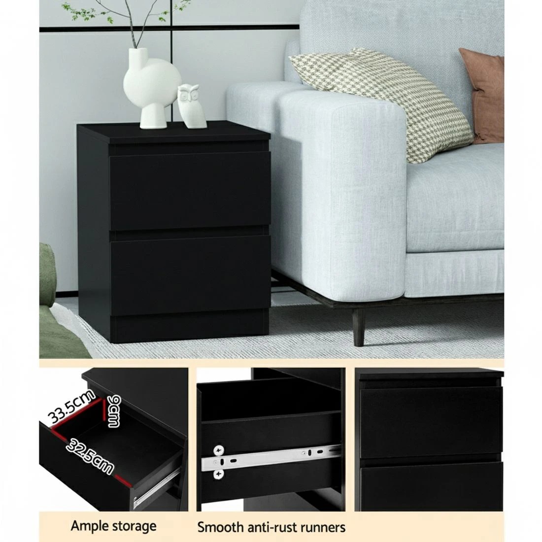 5 Artiss 2x Bedside Table 2 Drawers - Black, 5 of 5