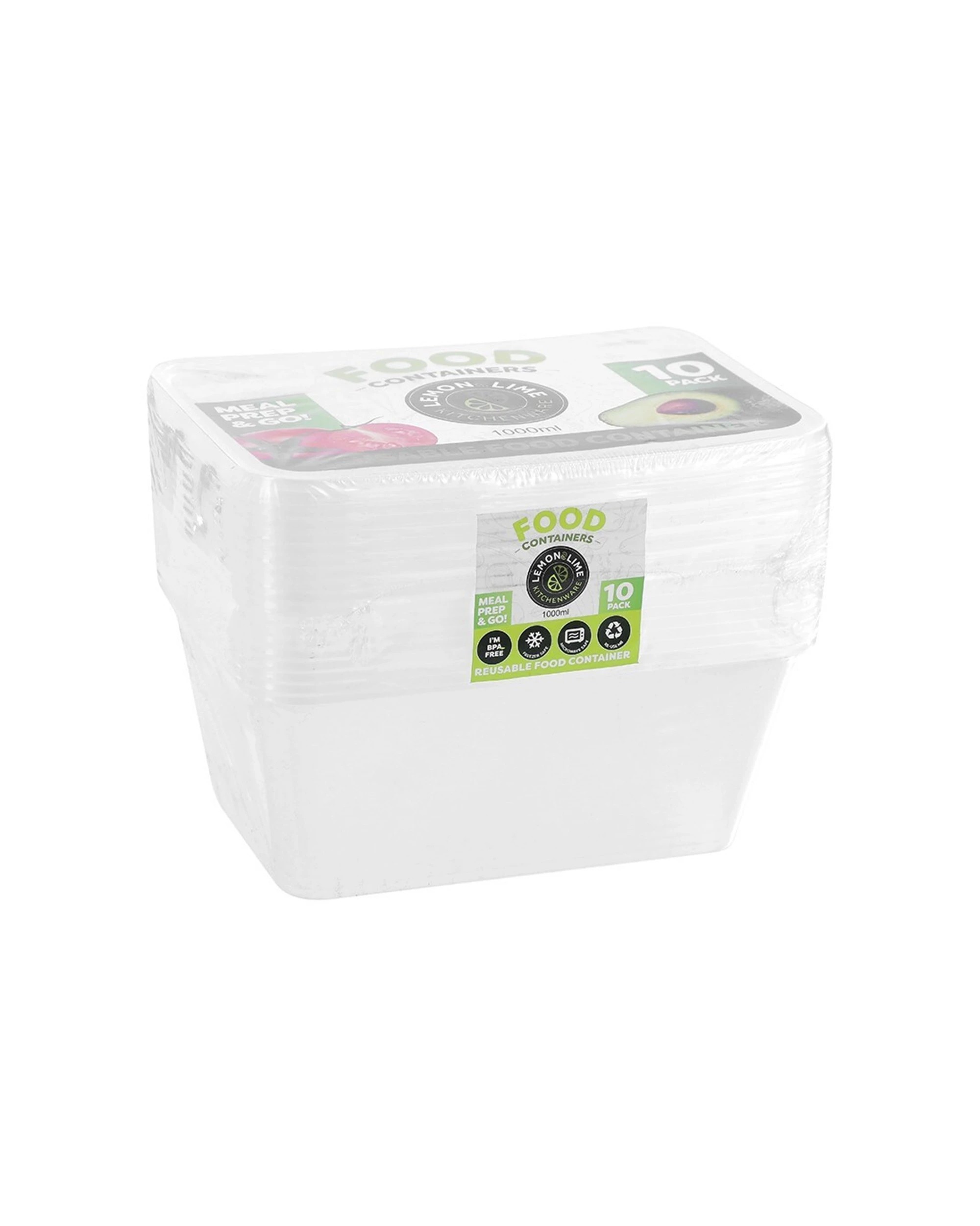 1 10pc Lemon & Lime Reusable Takeaway Food Storage Container Box Rectangular 1l
 - Clear, 1 of 5
