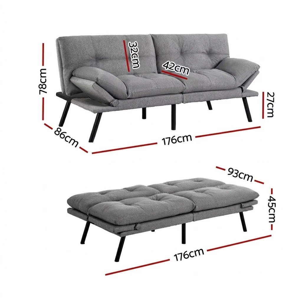 2 Artiss Sofa Bed Convertible 3 Seater Couch Recliner Lounge Chair Fabric - Grey, 2 of 4