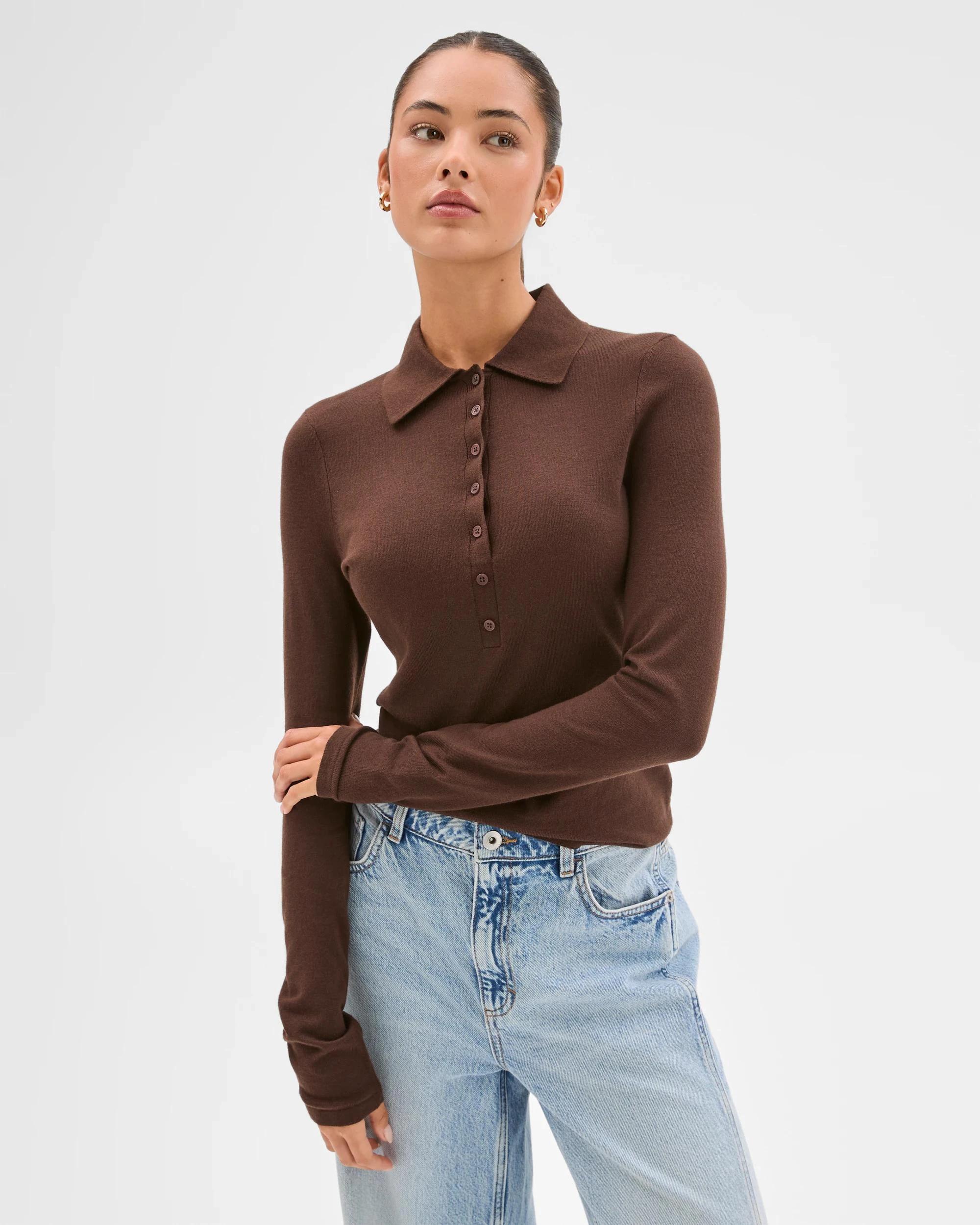 7 Lily Loves Long Sleeve Knit Polo Top COFFEE BEAN, 7 of 7
